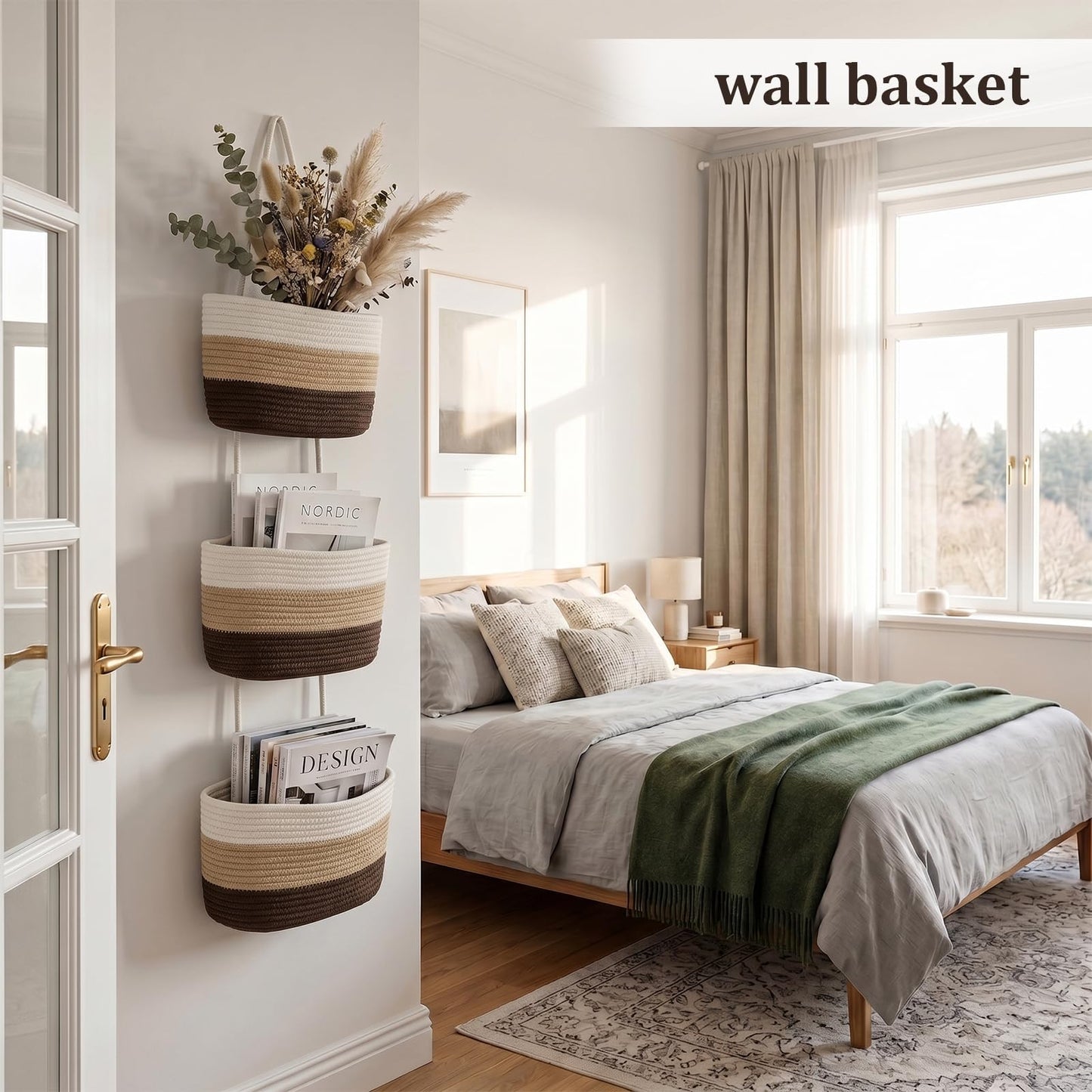 TeoKJ Over the Door Hanging Basket, 3-Tier Woven Cotton Wall-Mounted Storage Organizer Bag Decorative Hanging Nursery Baskets，Gradient Brown