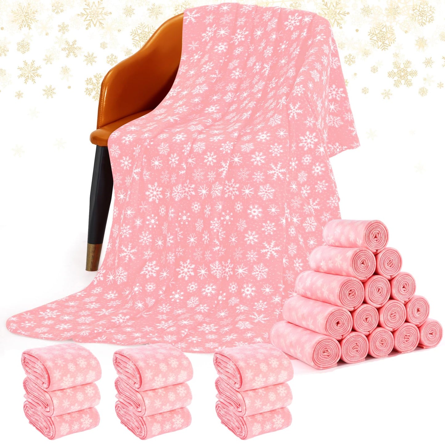 Moukeren 24 Pcs Christmas Snowflake Throw Blanket Bulk, 59 x 47 Inch Xmas Winter Throw Blanket Christmas Warm Soft Cozy Fleece for Home Bedding Couch Chair Gift (Pink)
