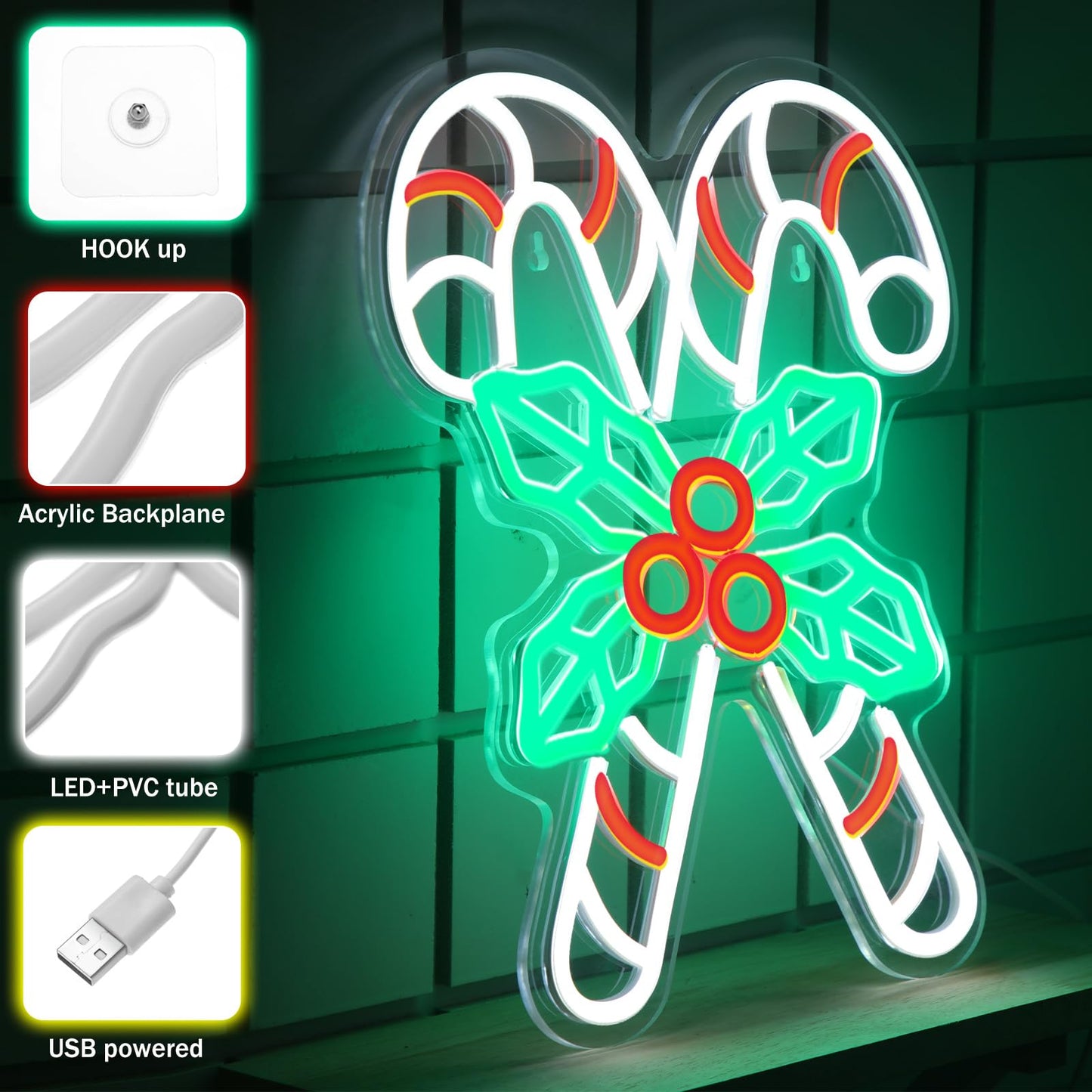 Xuhal Christmas Candy Neon Sign Light 14.2 x 11.8 inches Neon Lights Signs LED Sign USB Powered Home Wall Decor Light Up Acrylic Room Decorations for Bedroom Bar Night Light Art Gift Accessories