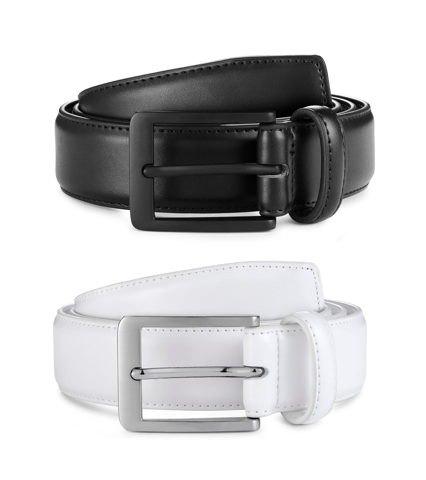 MILORDE Men's Leather Dress Belt 2Pack, Handmade, 100% Cow Leather, Fashion & Classic Designs for Work Business and Casual (2Pack-Black603/White608,36)