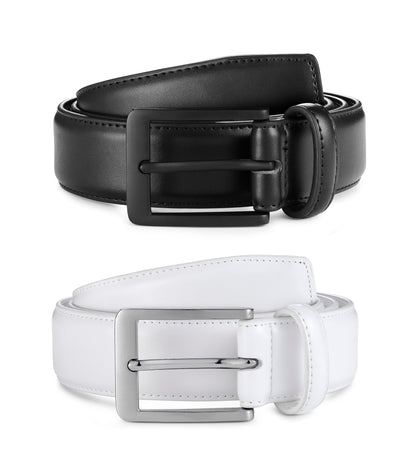 MILORDE Men's Leather Dress Belt 2Pack, Handmade, 100% Cow Leather, Fashion & Classic Designs for Work Business and Casual (2Pack-Black603/White608,36)