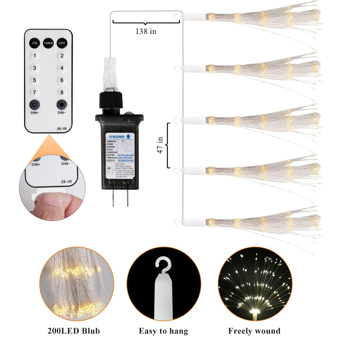 DoonDar 5 Pack Firework String Lights Christmas Light, 200 LED 8 Modes Hanging Starburst Lights for PartyGarden Decoration (Warm White)
