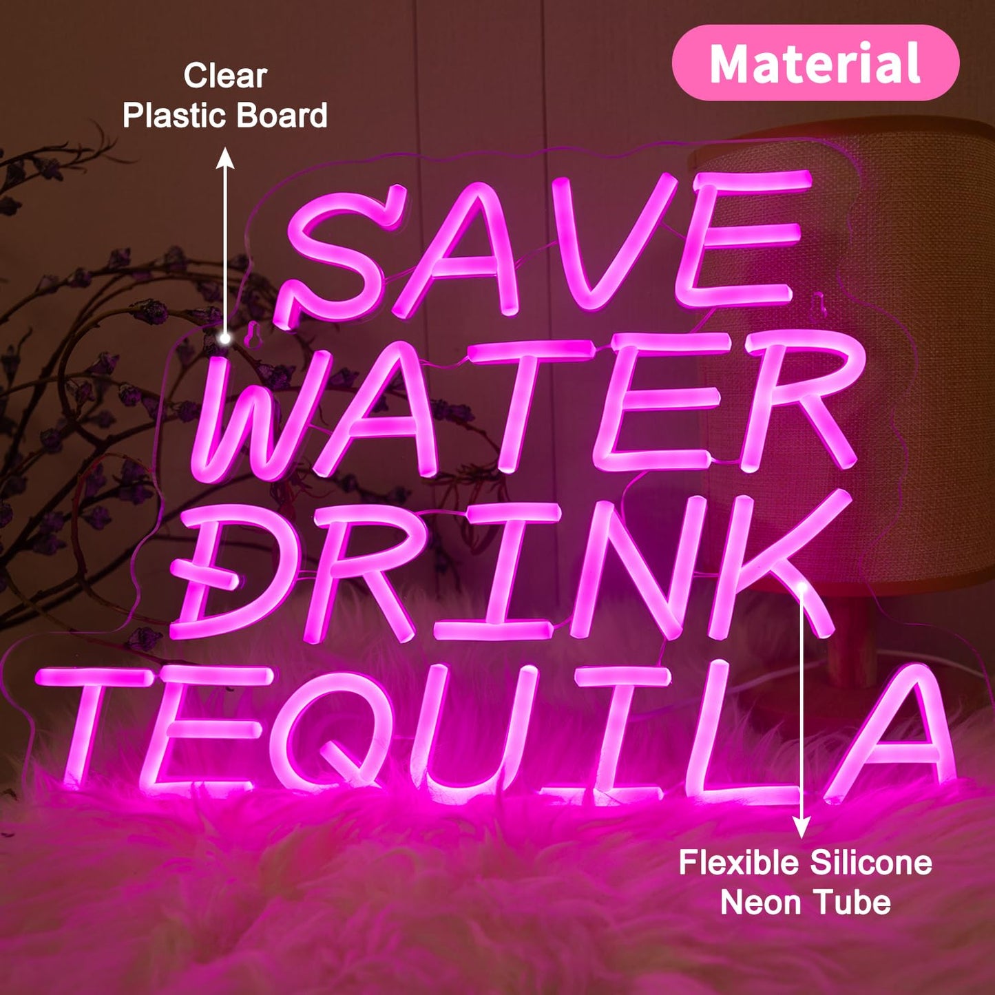 Neon Sign, Save Water Drink Tequila LED Neon Light for Wall Decor, USB Neon Bar Sign for Party Club Restaurant, Bedroom Wall Decor 16.54 x 11.81", Acrylic Material