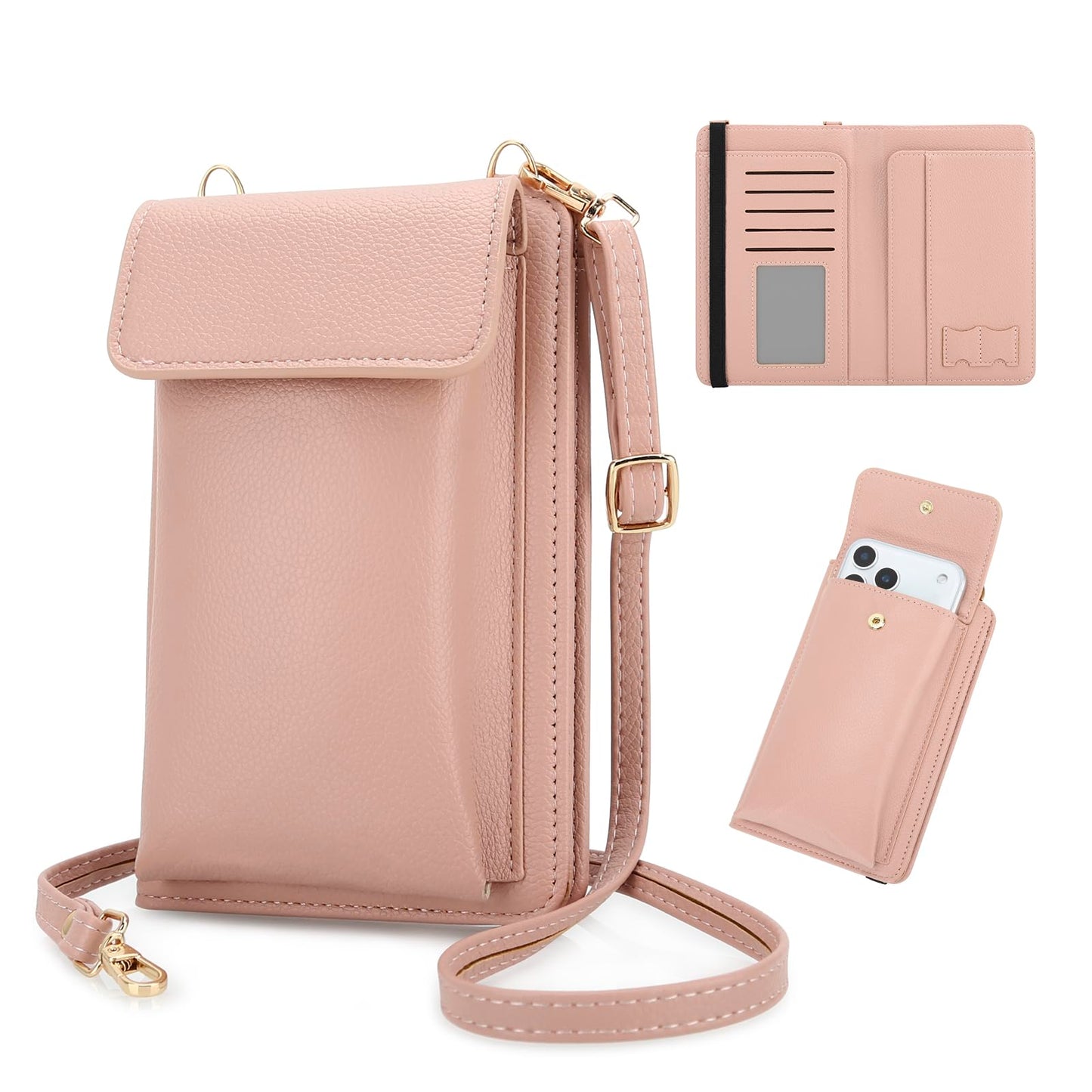 DOB SECHS Leather Passport Wallet Crossbody Phone Bag, RFID Blocking Passport Holder Credit Cards Case for Women, Travel Accessories Organizer Neck Wallet Pouch Bag with Adjustable Strap, Pink