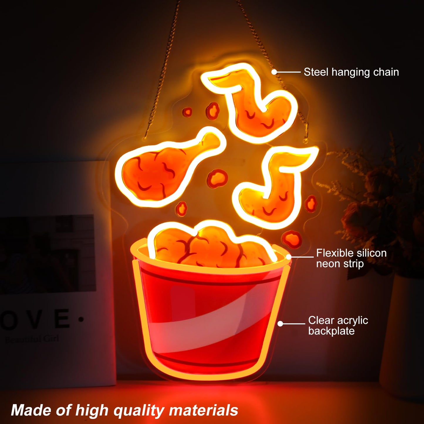 Fried Chicken Neon Sign, Chicken Led Light USB Powered Dimmable LED Sign for Street Food Neon Light, wall light retro, fast food sign, decor bar, fried chicken sign, Food Signs for Buffet
