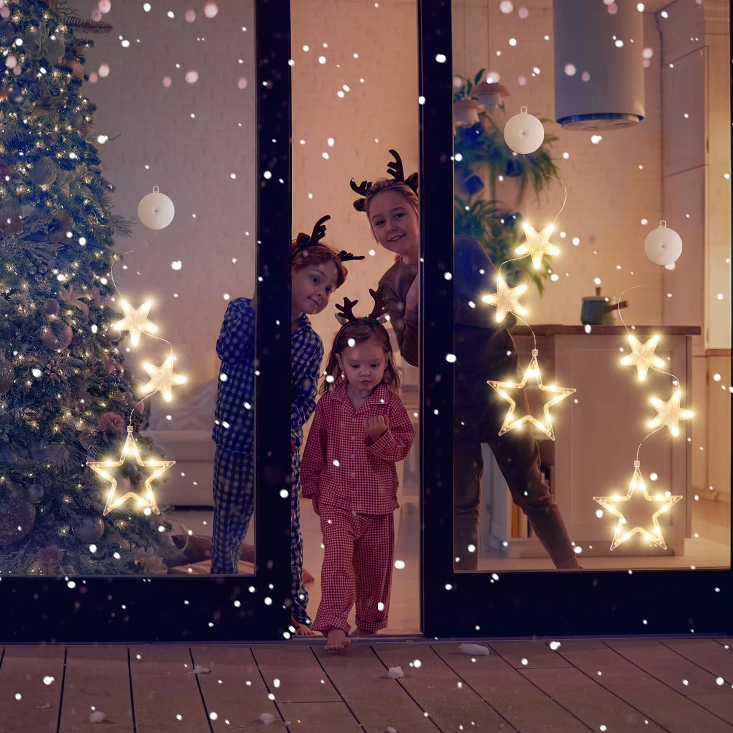 LYUBASA [Timer 3Pcs Christmas Window Lights Decorations,Battery Powered Christmas Hanging Warm White Lighted Tree Bell Star Shaped LED Sucker for Xmas Tree Fireplace Indoor Outdoor Decor