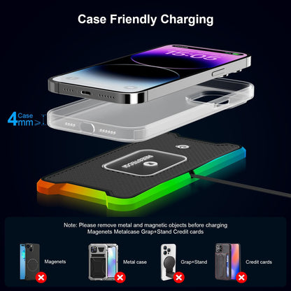 Wireless Car Charger Pad, REESTECQI 15W RGB Wireless Charger for Car Type C Non Slip Charging Pad for Car Compatible with Airpods iPhone 16/15/14/13/12,Samsung Google (30CM Cable)