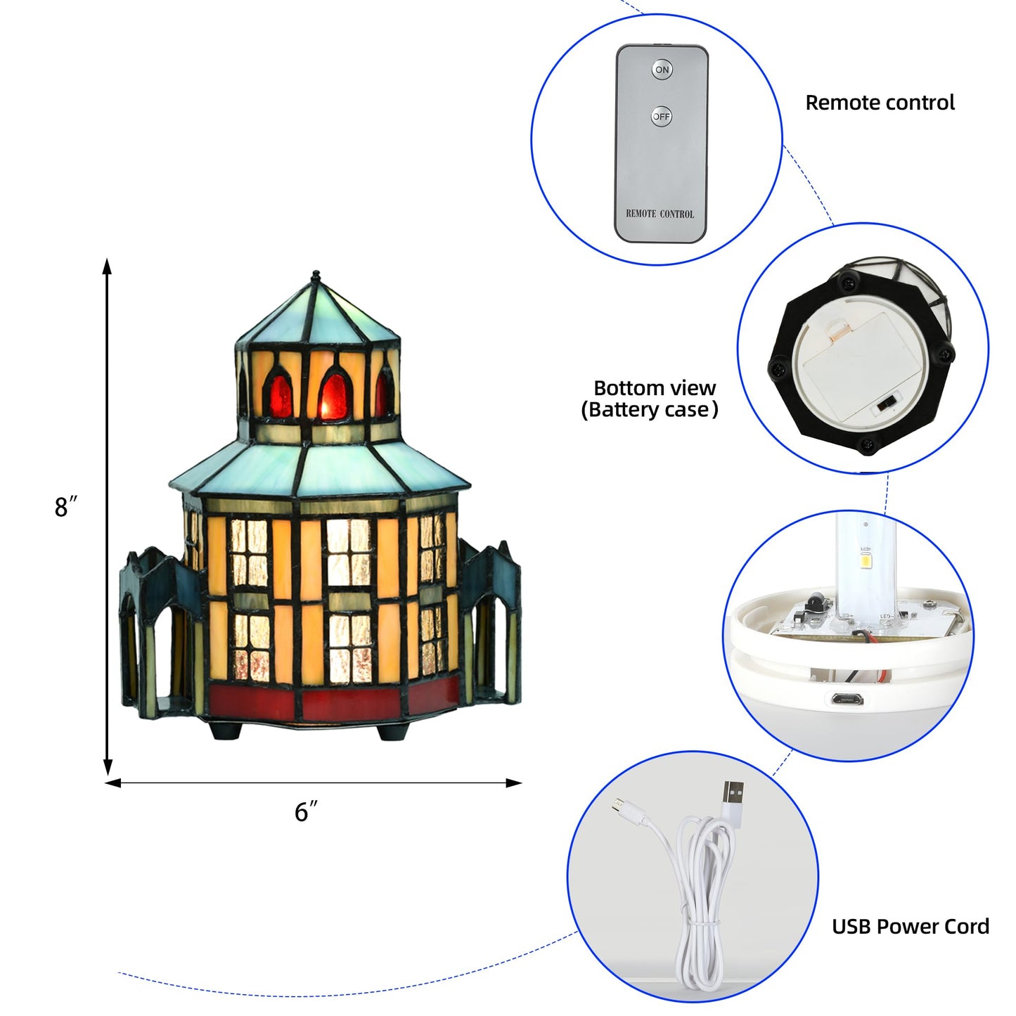 HomeBeauty A0005 Tiffany Lighthouse Lamp Stained Glass LED Accent Table Lamp, Christmas Table Decorations for Living Room Tabletop Party, 6" W x 8" H, LED and Remote Control Included (Opera House)