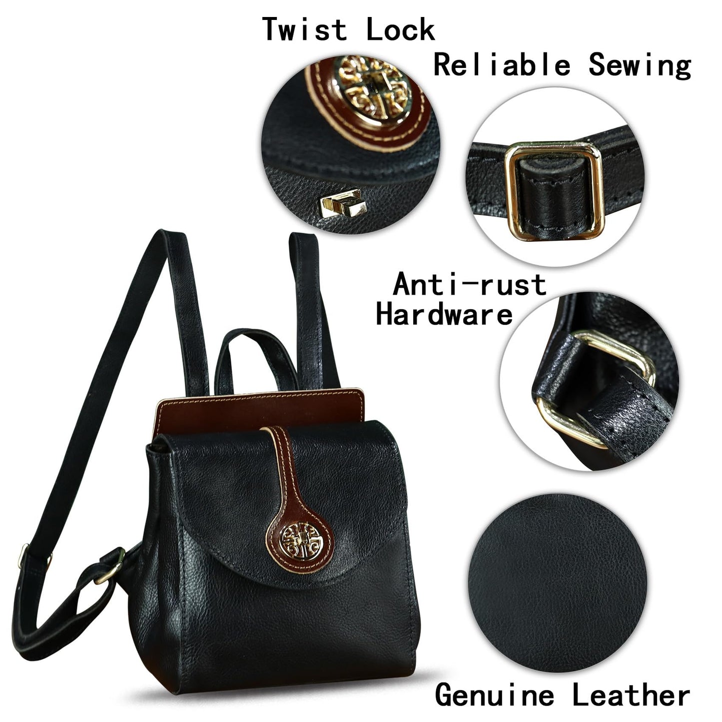 LRTO Genuine Leather Small Backpack Purse for Women Knapsack Casual Daypack College Back Bag (Black)