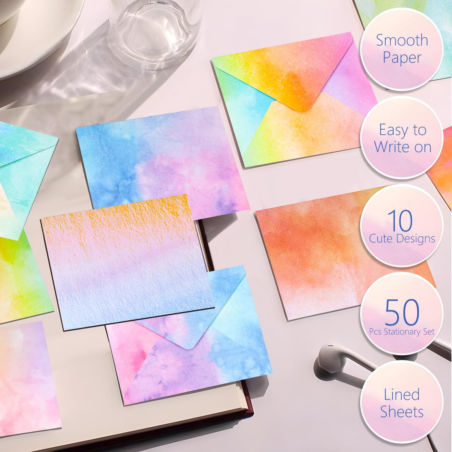 160 Packs Stationery Paper and Envelopes Set, 50 Lined Letter Writing Paper with 50 Matching Envelopes and 60 Round Sticker, 5.5" X 8.25" Cute Stationary Paper Kit with 10 Watercolor Design