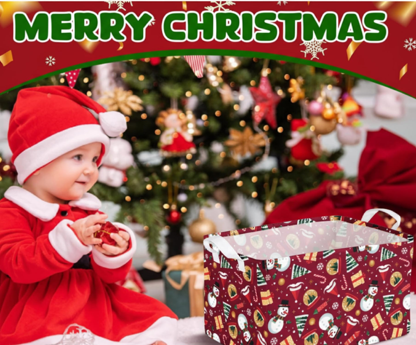 Breling 4 Pcs Christmas Storage Basket Snowman Santa Claus Candy Cane Snowman Basket with Handles Large Collapsible Storage Bins Boxes for Xmas Gift Laundry Shelves Home Office, 15 x 10 x 8 Inch