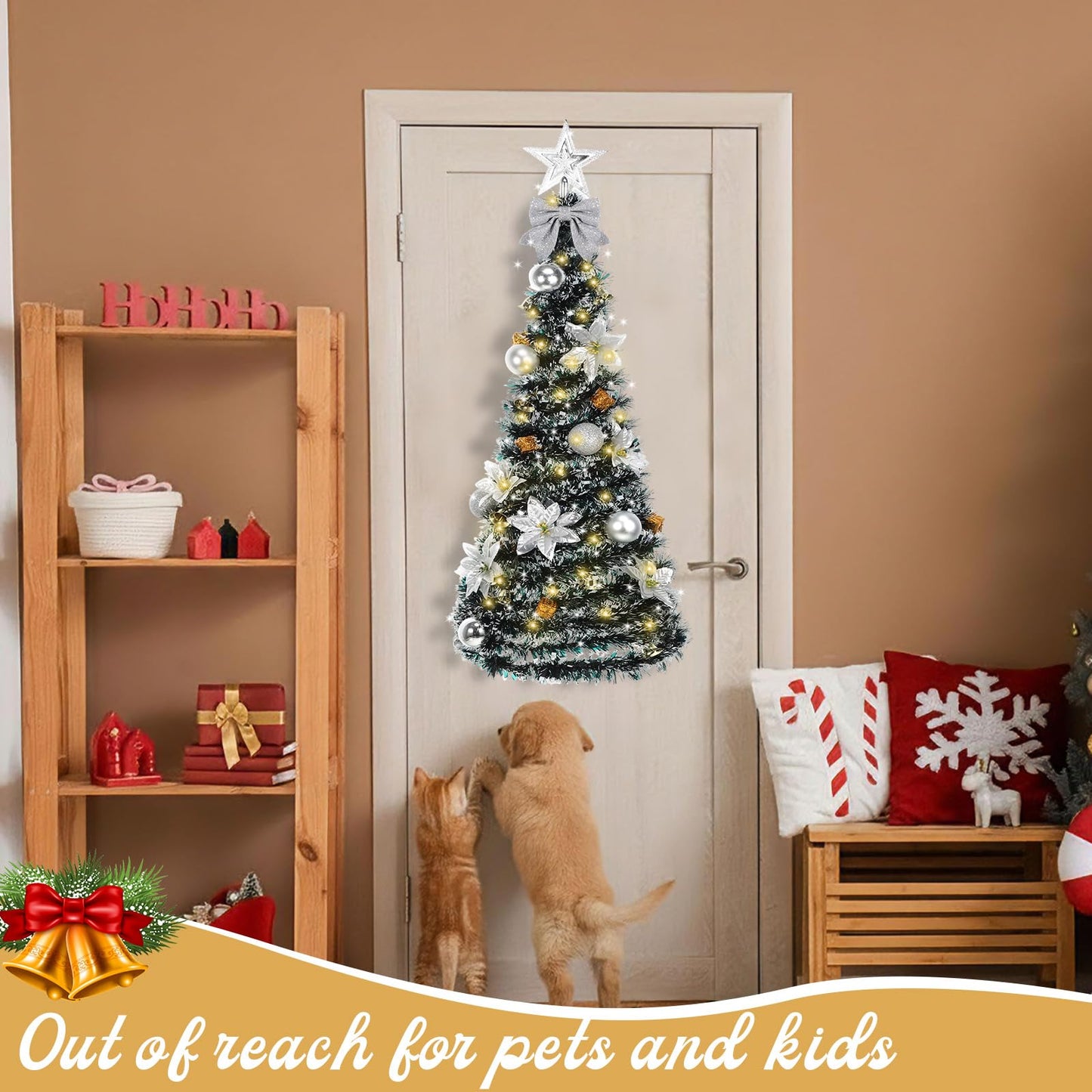 Suncalla Wall Christmas Tree with Lights 40inch, Artificial Wall Hanging Xmas Decoration with 50 LED String Lights, Saving-Space Door Hanging Xmas Tree Small Space Home School Office(Silver)