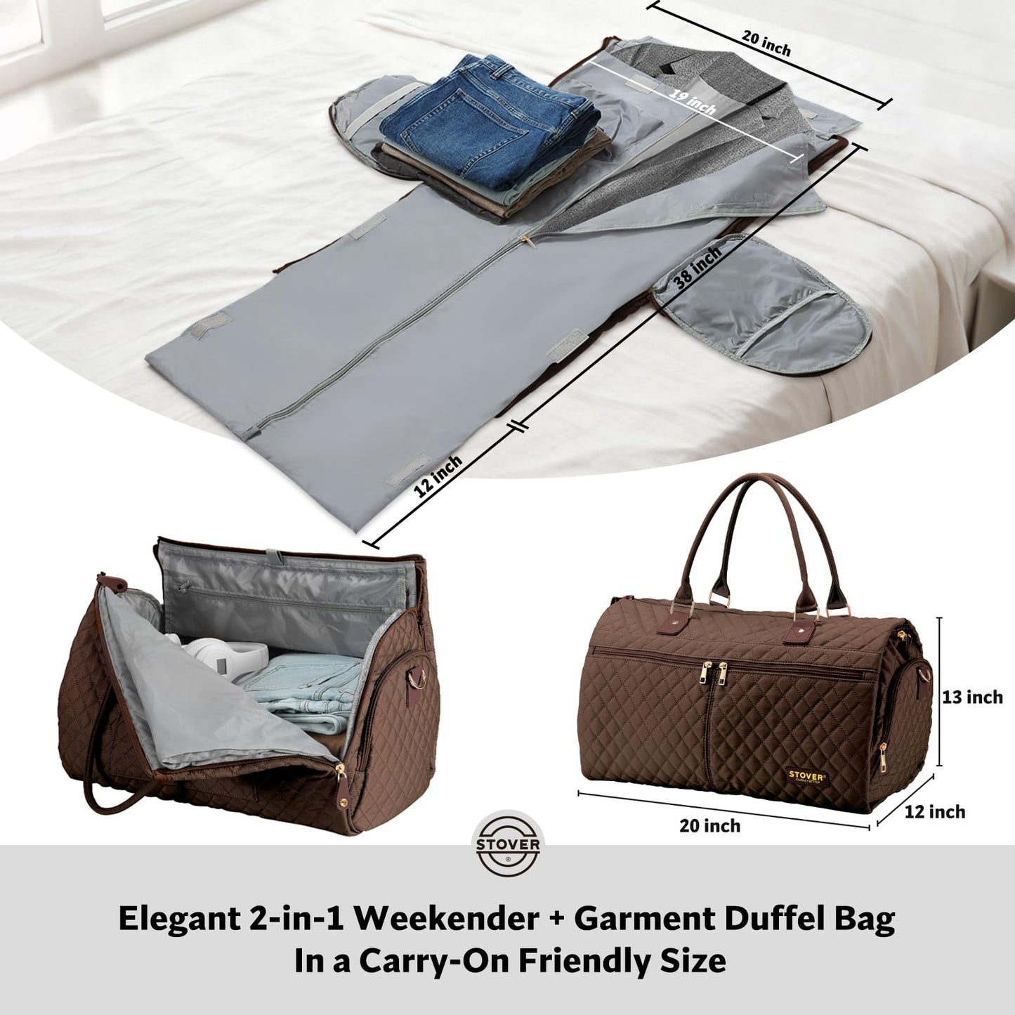 STOVER Women’s Convertible Garment Duffel Bag for Travel – 2-in-1 Carry-On Weekender/Overnight Tote - Wrinkle-Free Dresses, Suits & Clothes + Shoe Compartment & Bonus Toiletry Bag (Mocha Brown)