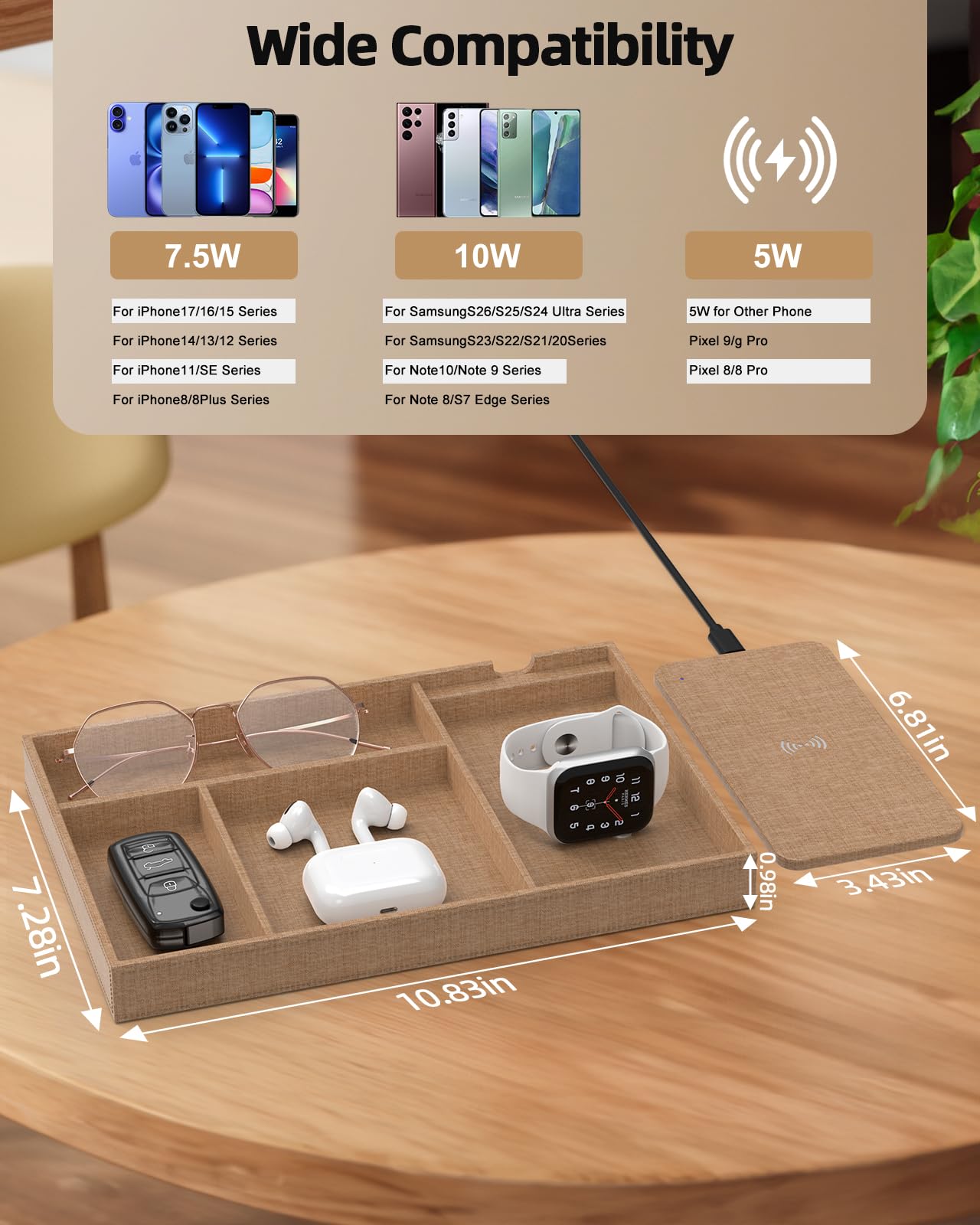 Valet Tray with Wireless Charger, Nightstand Organizer & Catchall Tray for Phone, Keys, Glasses and Accessories, Premium Linen, Stylish Desk & Bedside Storage Station