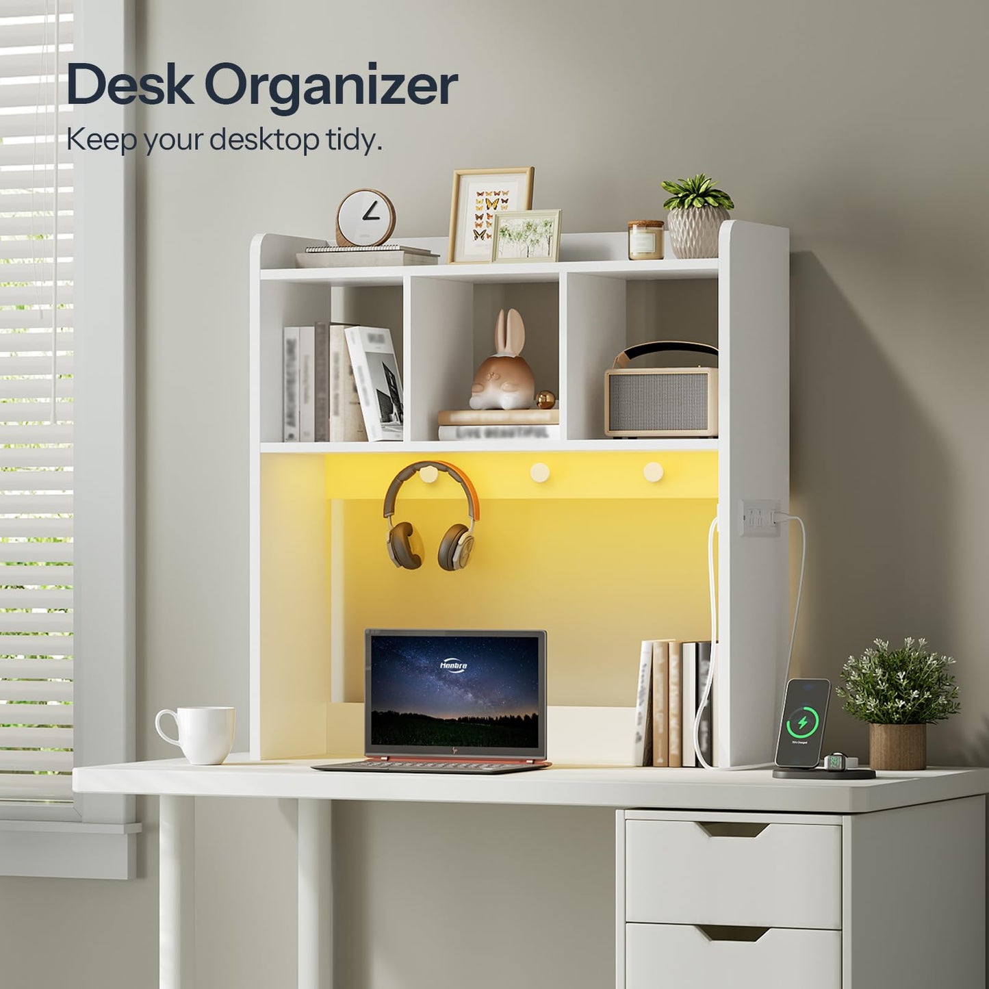 HOOBRO Desktop Bookshelf, Office Desktop Shelf, Desk Hutch with Outlets, Wooden Office Desktop Bookcase, Desktop Organizer Shelf with LED Light Strip and 3 Hooks, for Home, Study, White WT12UDSJ01