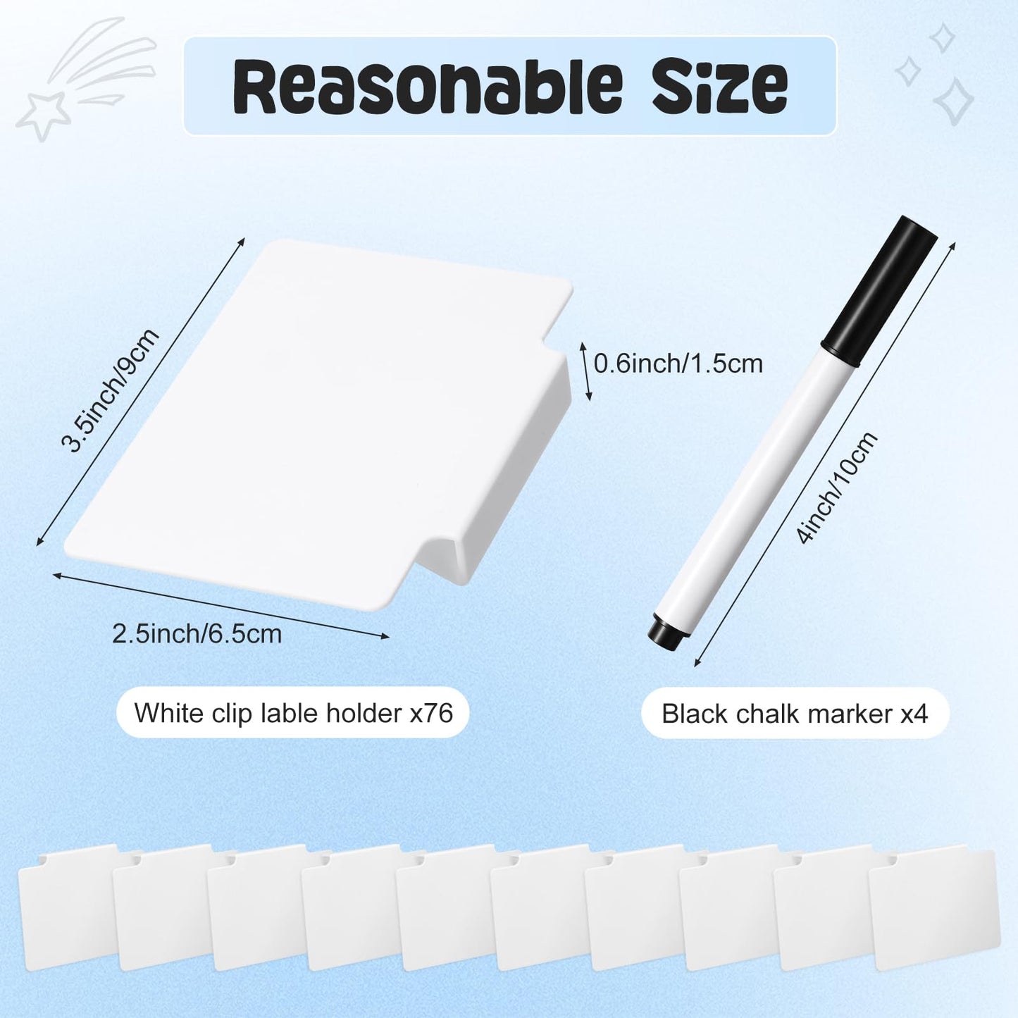 Chinco 80 Pcs Basket Label Clips Set Include 76 Removable Kitchen Clip Label Holder PVC Storage Bin with 4 Chalk Markers for Basket Kitchen Pantry Organization (White Clip, Black Pen)