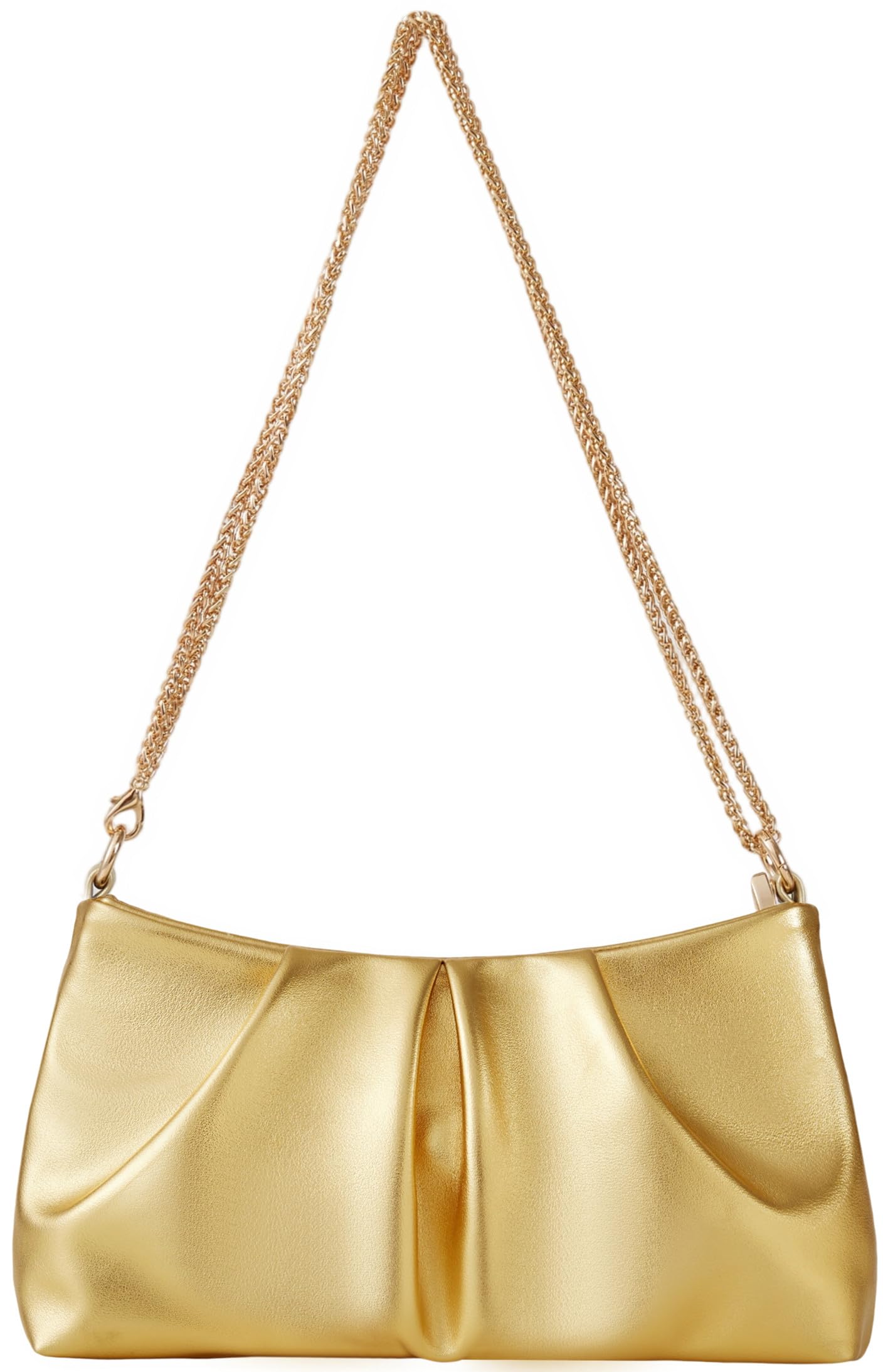 Vegan Leather Evening Bag Ruched Clutch Purse for Women Detachable Metal Chain Crossbody Bag（Gold）