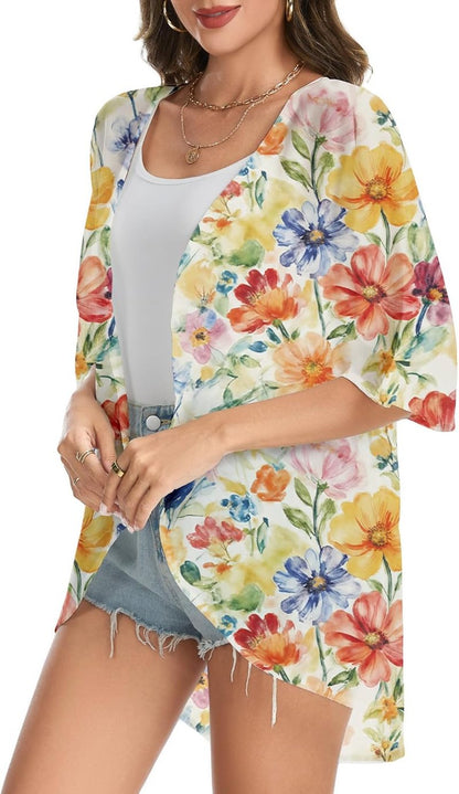 Beach Vacation Kimono Cardigan for Women - Puff Sleeve Loose Fit Cover Up | Casual Blouse Top