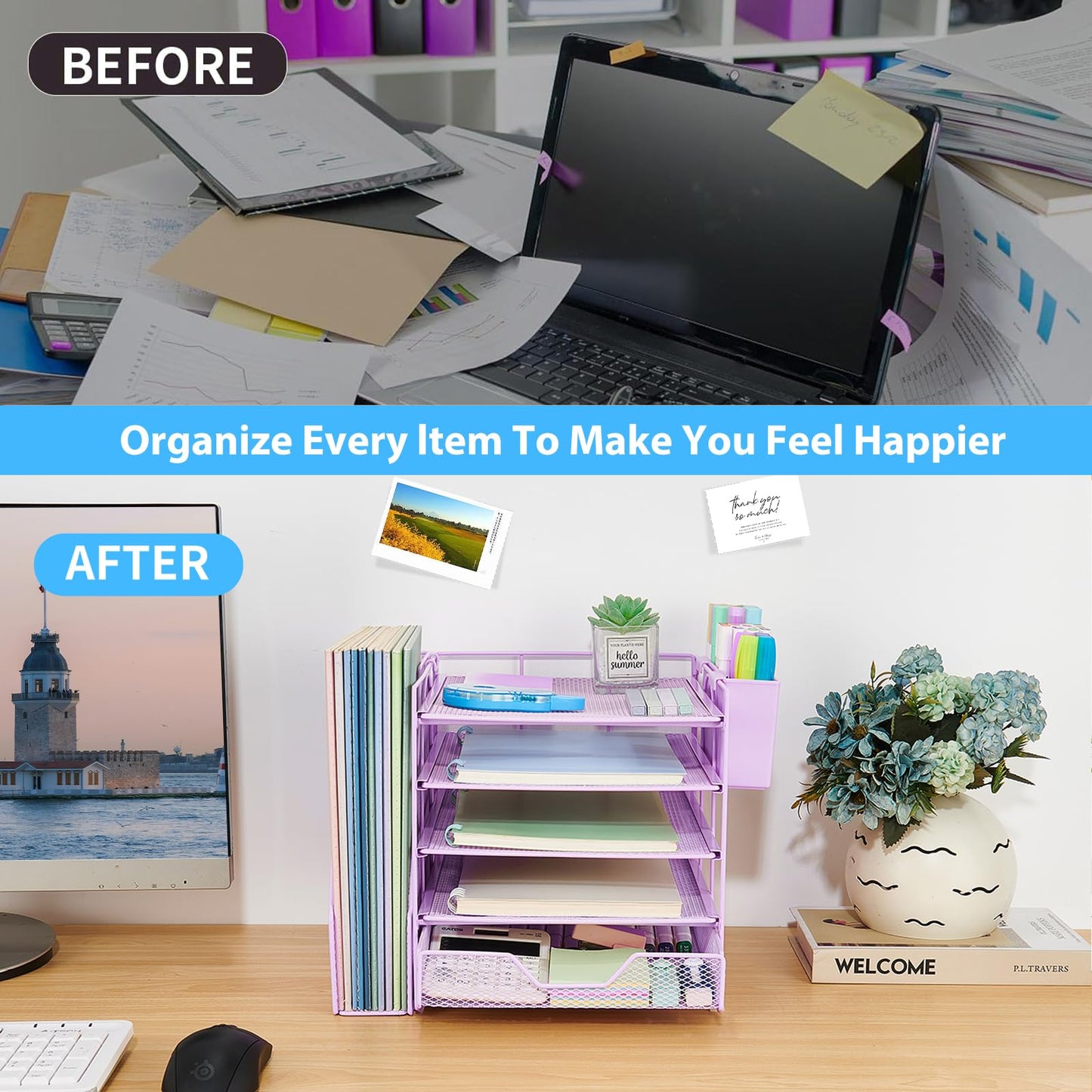 Gugsey Desk Organizer, 5-Tier Paper Letter Tray Organizer with File Holder, Drawer and Pen Holder, Desktop Organizer for Office Supplies, Purple