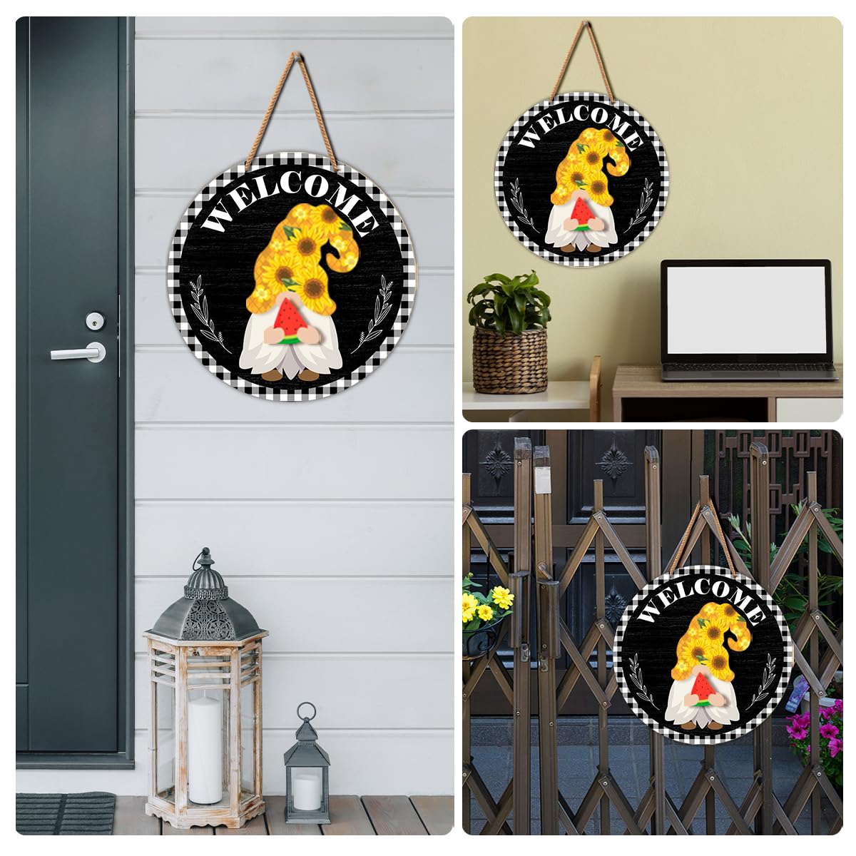 Interchangeable Gnome Welcome Sign Summer Patriotic 4th of July Porch Decor, Changeable Wood Gnomes Front Door Decoration Wreath Hanger for Spring Fall Winter All Seasons Holiday, Black Checkered