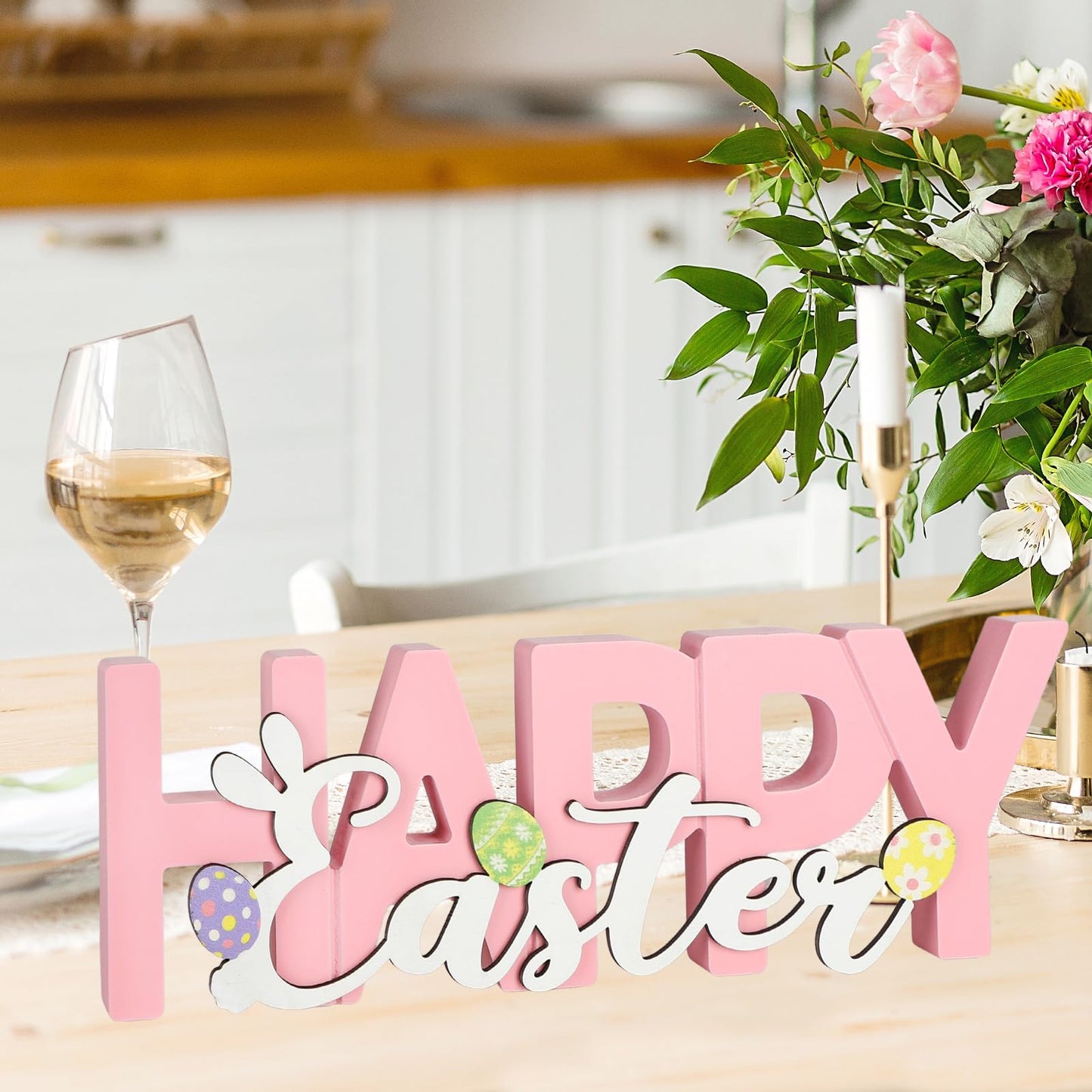 COCHIE Wooden Happy Easter Sign, Spring Decorations for Home, Office, Shelf, Mantel, Indoor, Wood Bunny Ear Egg Decor, Pink Spring Table Top Party Supplies Decoration (Easter)