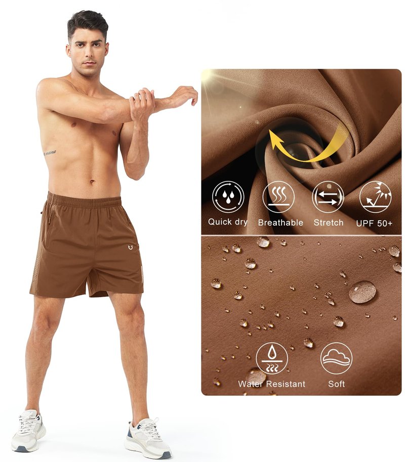 NORTHYARD Men's Athletic Running Shorts Gym Workout 7"/9"/5" Quick Dry Lightweight Sports Basketball Tennis 3 Zipper Pockets BROWN-5inch M