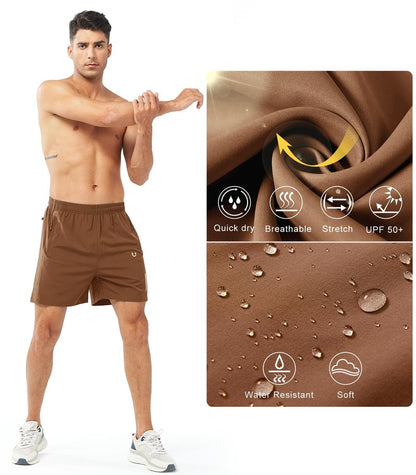 NORTHYARD Men's Athletic Running Shorts Gym Workout 7"/9"/5" Quick Dry Lightweight Sports Basketball Tennis 3 Zipper Pockets BROWN-5inch M