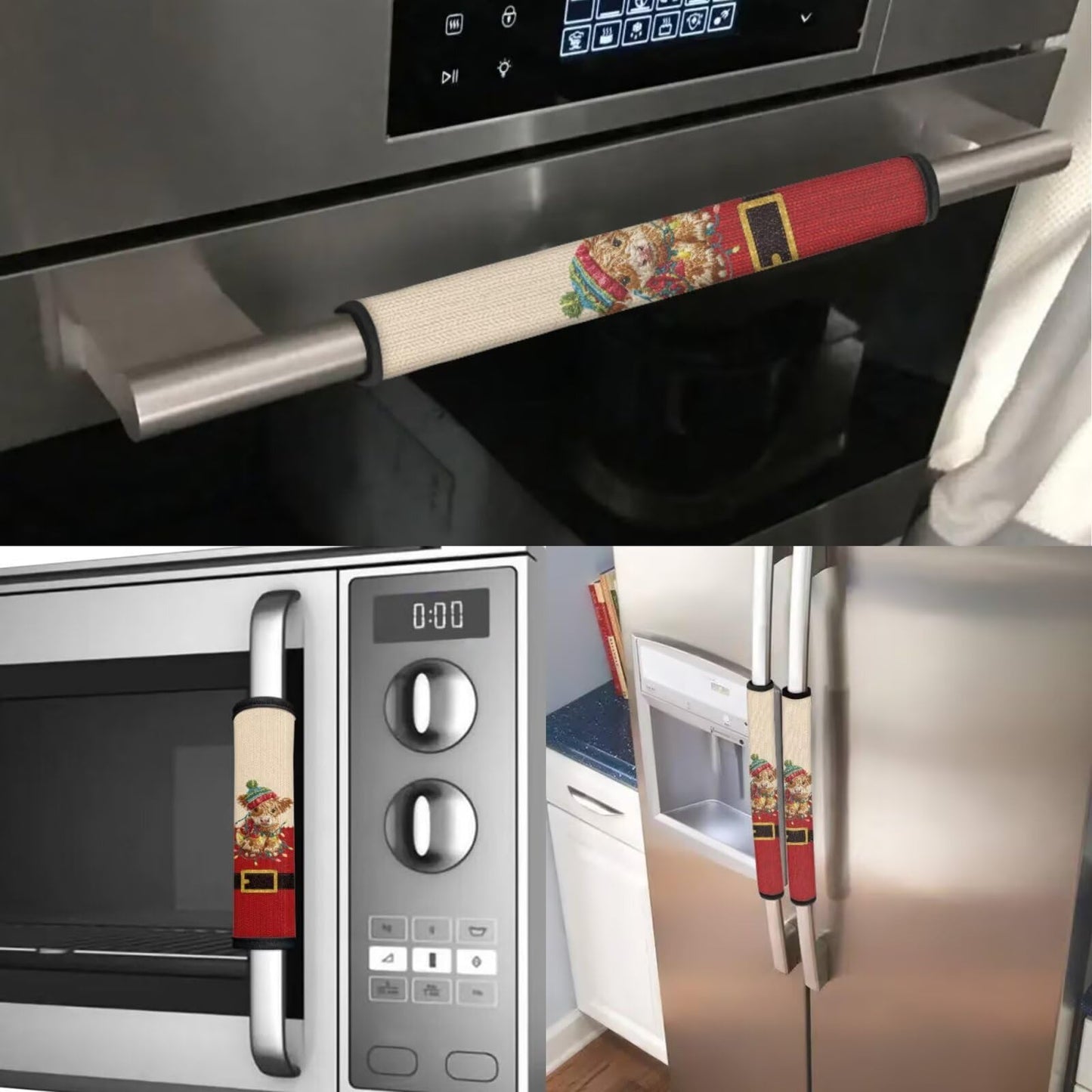 HUISEFOR Christmas Refrigerator Door Handle Covers Highland Cow Kitchen Appliances Gloves Fridge Microwave Dishwasher Door Cloth Protector, Catches Drips,Smudges&Fingerprints Dust Covers
