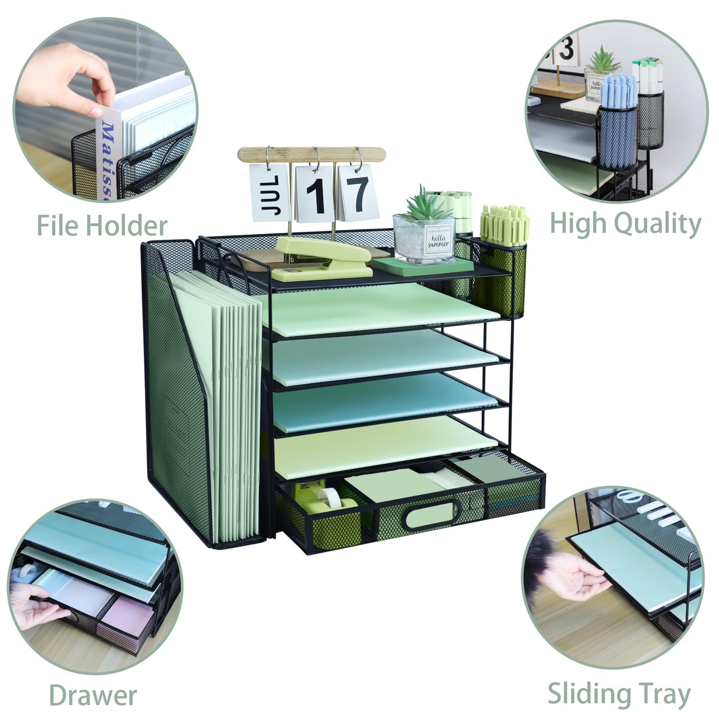 6 Tier Desk File Organiser with Extra Vertical File Sorter, Paper Letter Tray with Top Stationery Drawer Holder, A4 Paper Desktop Filing Trays, Magazine Document Holder for Home Office, Black