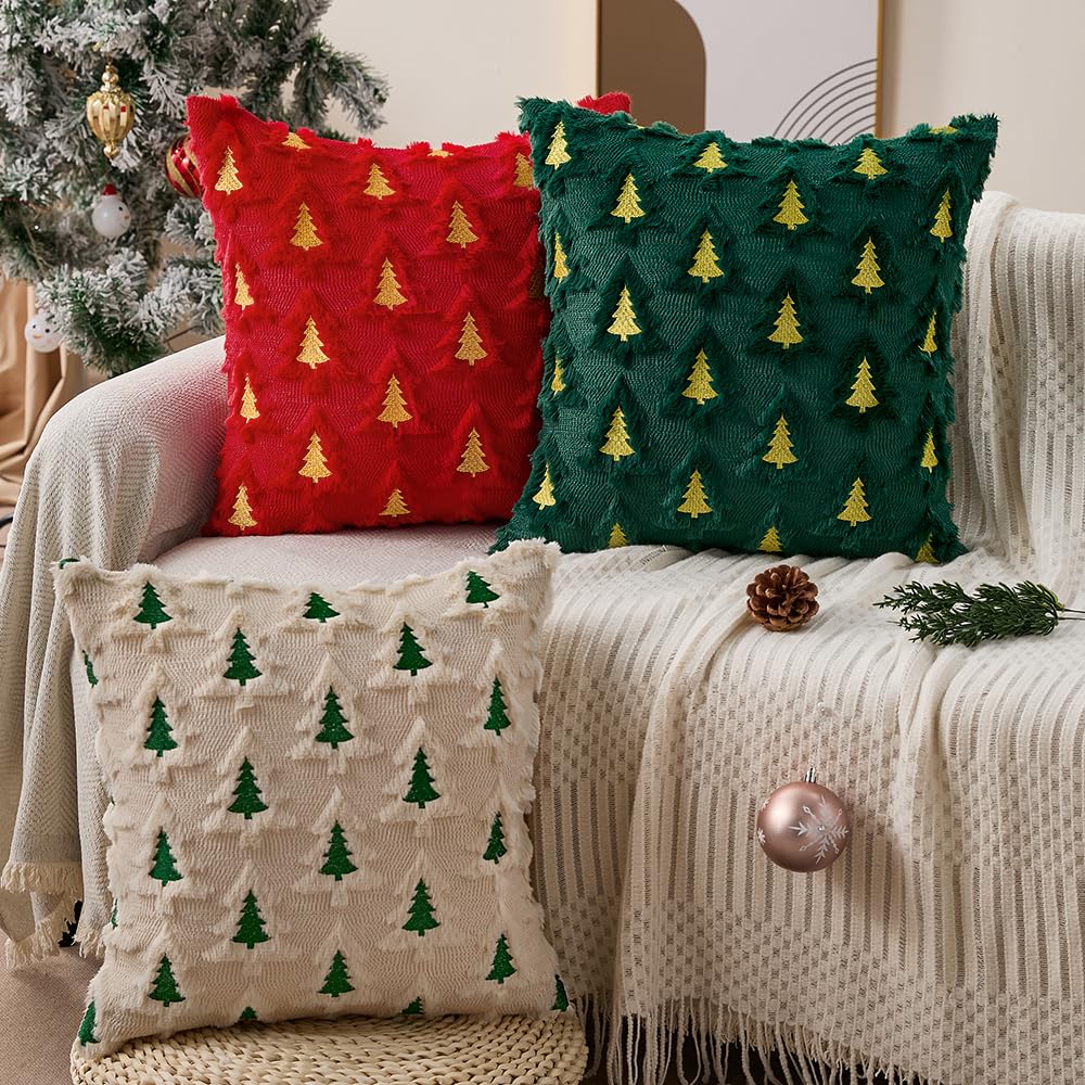 Allorry Christmas Pillow Covers 18x18 Set of 2 Beige Double Xmas Tree Pillow Covers Soft Plush Faux Fur Christmas Decorations for Xmas Winter Holiday Home Bedroom Sofa Cushion Cases PT-008C18