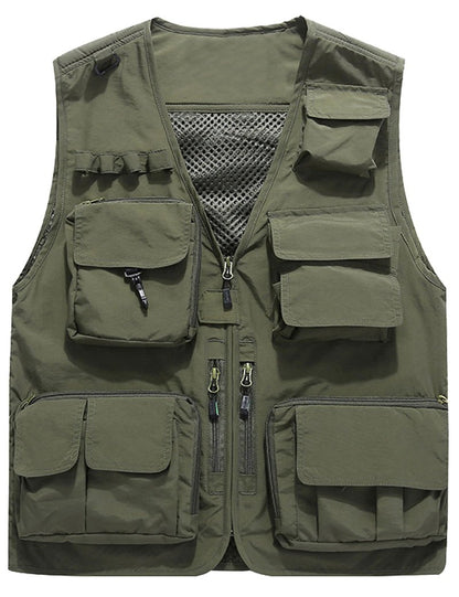 Flygo Men's Casual Lightweight Outdoor Fishing Work Safari Travel Photo Cargo Vest Jacket Multi Pockets(Large, Army Green)