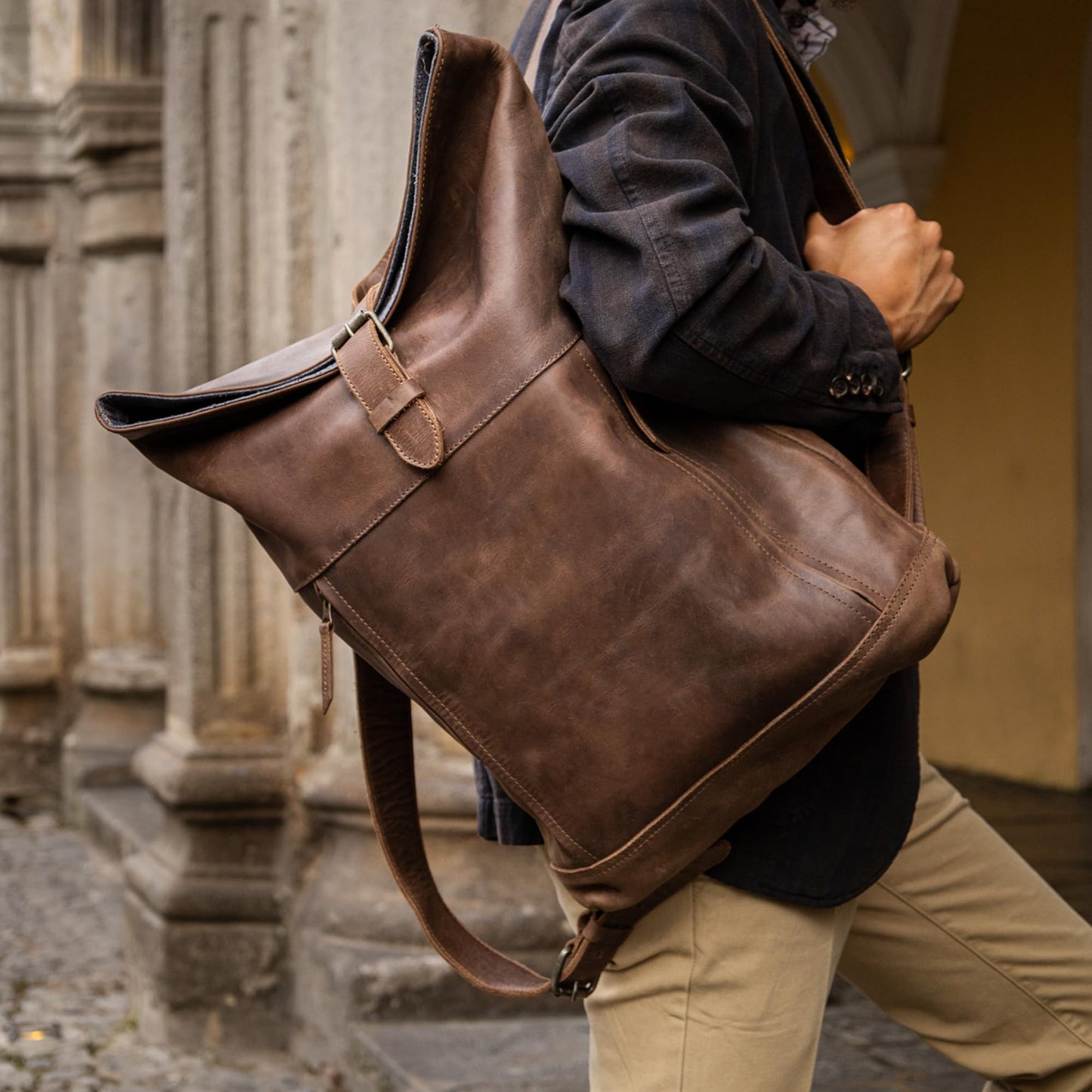 Hide & Drink, Roll Top Backpack, Vintage Style Rucksack with Adjustable Shoulder Straps, Travel Accessory, Full Grain Leather, Handmade, Bourbon Brown