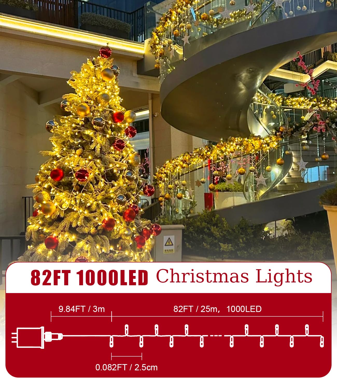 RiderVibe 82FT 1000LED Warm White Christmas Lights Outdoor with 8 Modes, IP44 Waterproof Plug in Christmas Tree Light Fairy String Lights for Christmas, Patio, Garden, Indoor Outdoor Decor