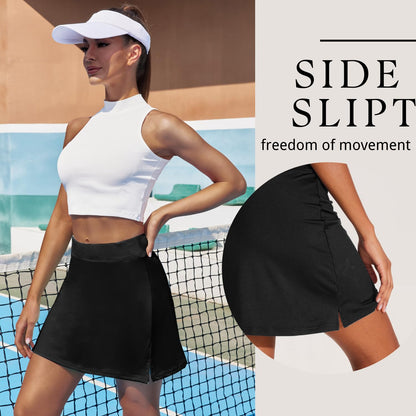 Ekouaer Golf Skirts for Woman with Pockets Silicone Grippers Tennis Skirt Inner Shorts Athletic Pickleball Running Skort,Black Medium