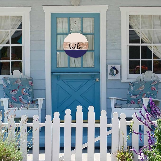 Welcome Sign for Front Door Porch Retro Beige Purple Hello 12in Round Wreath Wall Decor for Farmhouse Home Outdoor Indoor