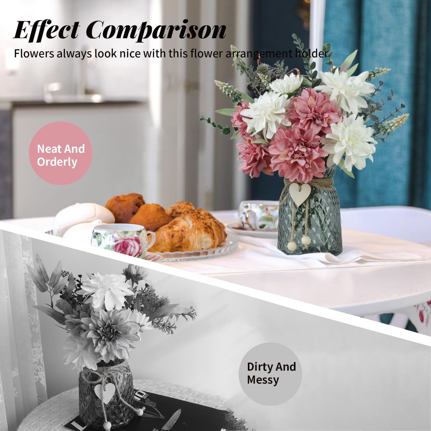 SHINFHOMF Fake Flowers in Vase,8 Dahlias,Silk Artificial Flowers in Vase,Faux Flowers in Vase with a Flower Arrangement Holder,Centerpiece Table Decorations