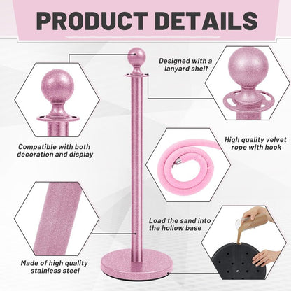 Ferraycle 4 Pcs Stainless Steel Stanchions Post Queue 38 Inch, 5 ft Velvet Carpet Ropes and Pole, Control Barriers for Wedding Birthday Party Decoration Sand Injection Hollow Base Set (Glitter Pink)