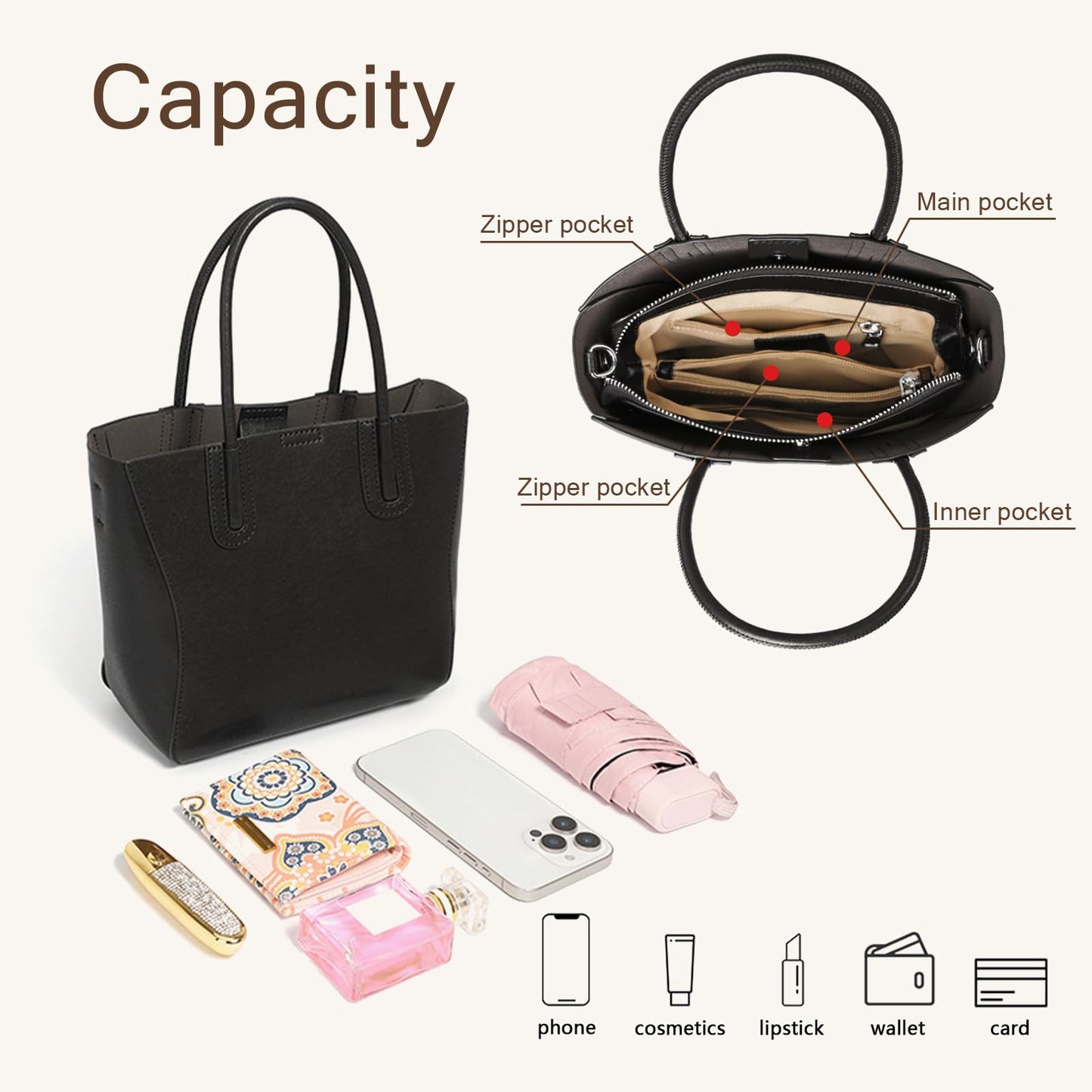 MFFOR Tote Bag for Women, Genuine Leather Crossbody Handbags, Top Handle Bags, Shoulder Purse with Detachable Strap (Black)