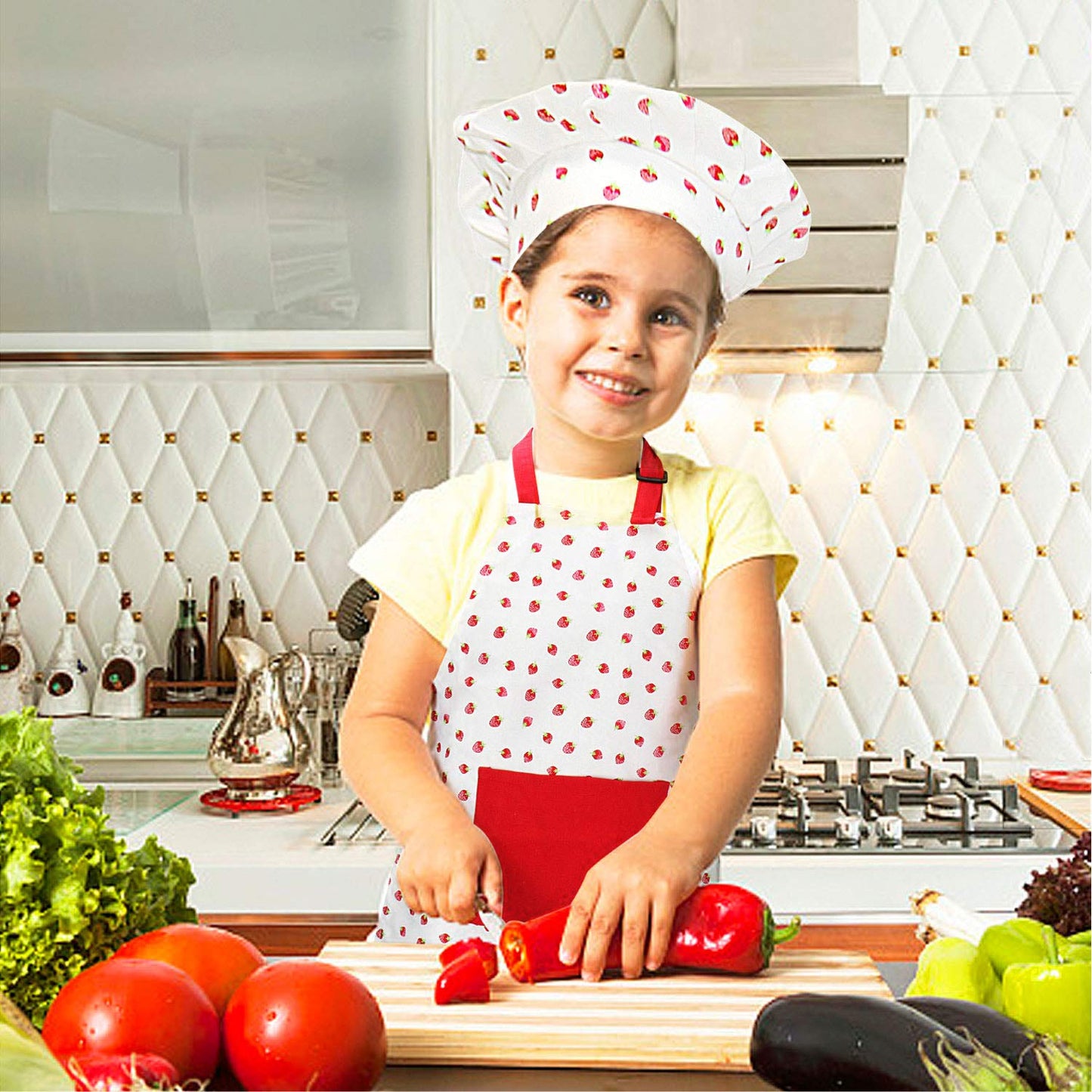 Jennice House Kids Apron Set with Chef Hat, Cute Child Baking Aprons with Adjustable Neck Strap and Pockets for Girls Boys Cooking Baking Painting Gardening in 2 Sizes (Red Strawberry, Large)