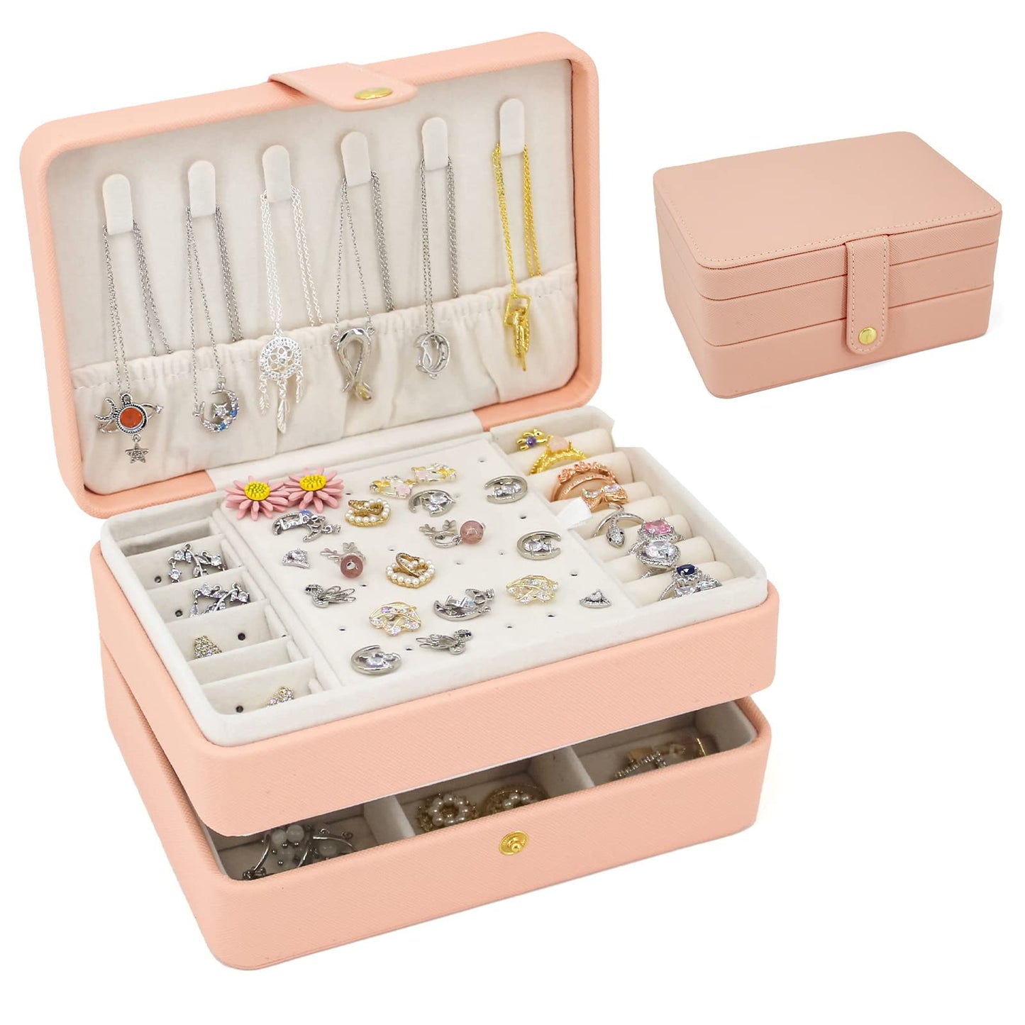 KOOAAICCHI Small Jewelry Box, Travel Jewelry Organizer, Portable Jewelry boxes for Women Girls Gift, Double Layers PU Leather Jewelry Holder for Rings, Earrings, Necklaces-Pink