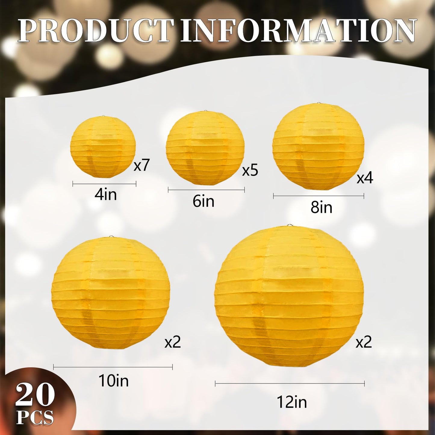 20Pcs Yellow Paper Lanterns for Parties, 6” 8” 10” 12” Chinese Asian Hanging Round Paper Lanterns for Birthday Wedding Halloween Christmas Home Decor Party Decor
