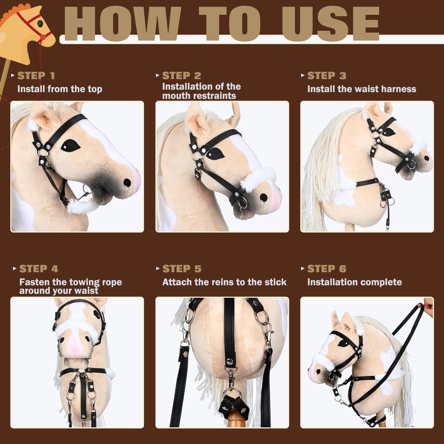 Shappy Hobby Horse Toy Accessories Realistic Horse Bridle with Metal Bit and Adjustable Reins, Faux Leather and Stainless Steel for Equestrian, Themed Events Competitions and Play(Black)