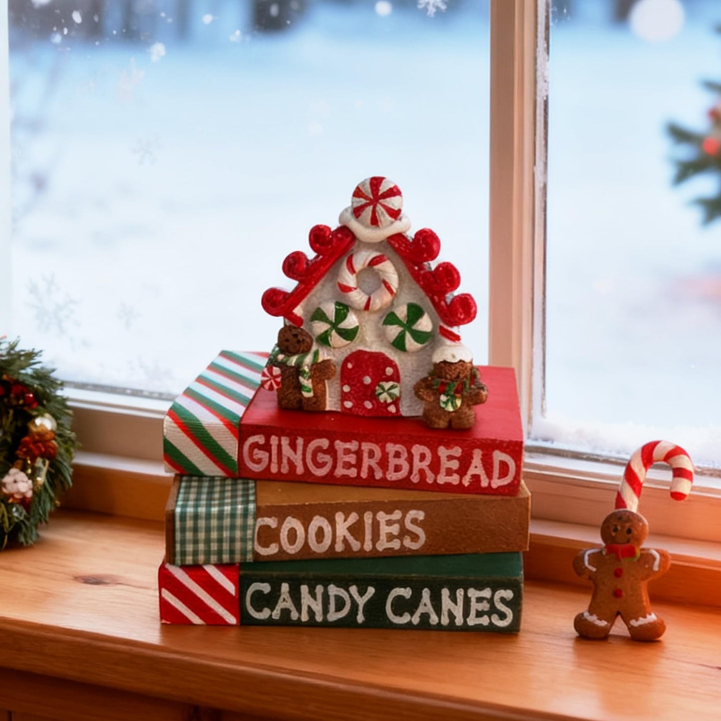 Bucherry Christmas Table Decoration Resin Gingerbread House Tiered Tray Decor Wood Rustic Gingerbread Block Signs Ribbon Book Stacks Christmas Centerpiece Decorative Tray for Farmhouse Home Shelf Gift