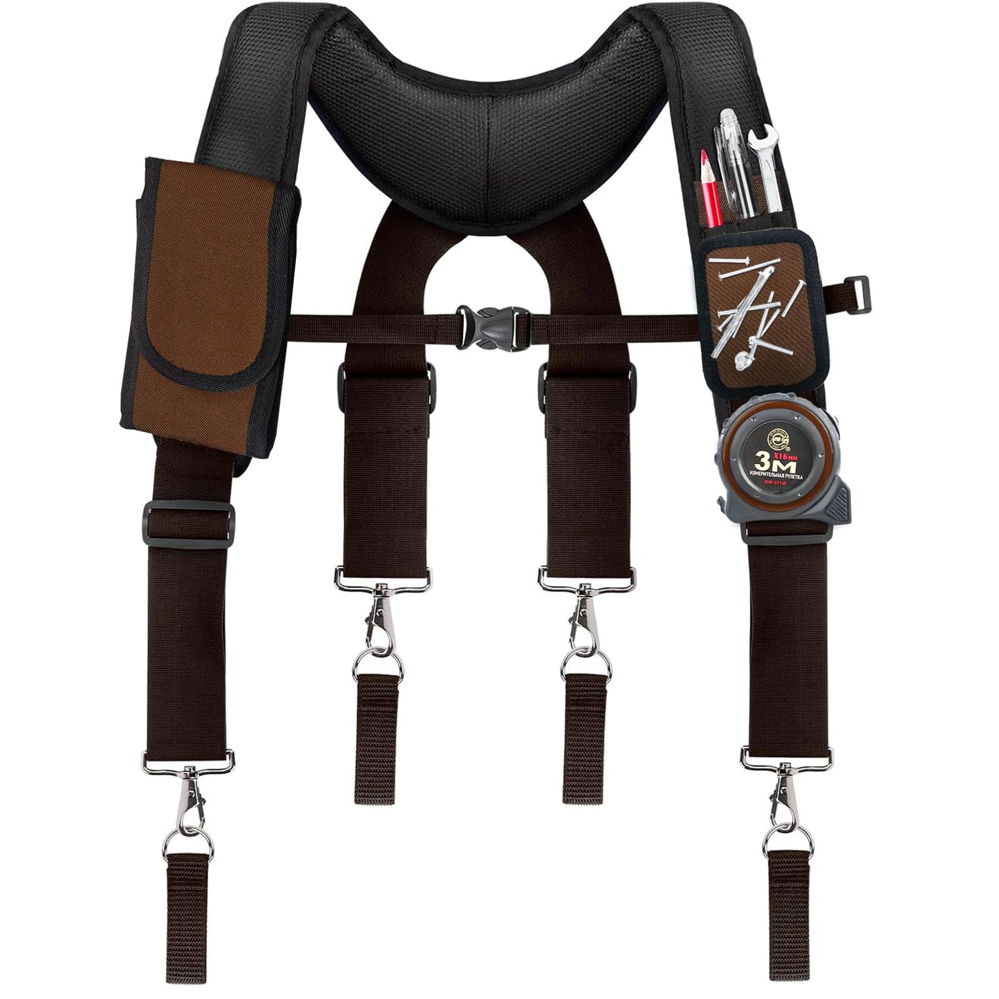 UMYLOV Tool Belt Suspenders for Men, Adjustable Padded Carpenter Tool Belt with Magnetic WristBand Multifunctional Pouch Pocket for Construction Workers (Brown)