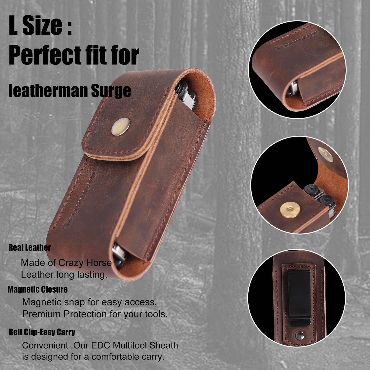 Tallywave Leather Multitool Sheath - Belt Clip Leather Multitool Holster - EDC Belt Organizer Multitool Pouch for Belt - Magnetic Closure Multitool Case, Darkbrown