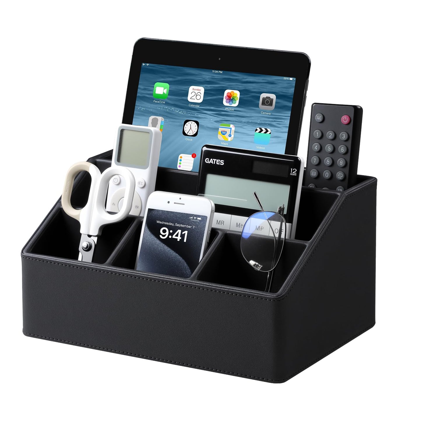 Cretkhp Desk Organizer Caddy with 5 Compartments for Office Art Supplies, PU Leather Nightstand Organizer Pencil Pen Desk Caddy for Home, Desktop TV Remote Control Holder Storage (Black)