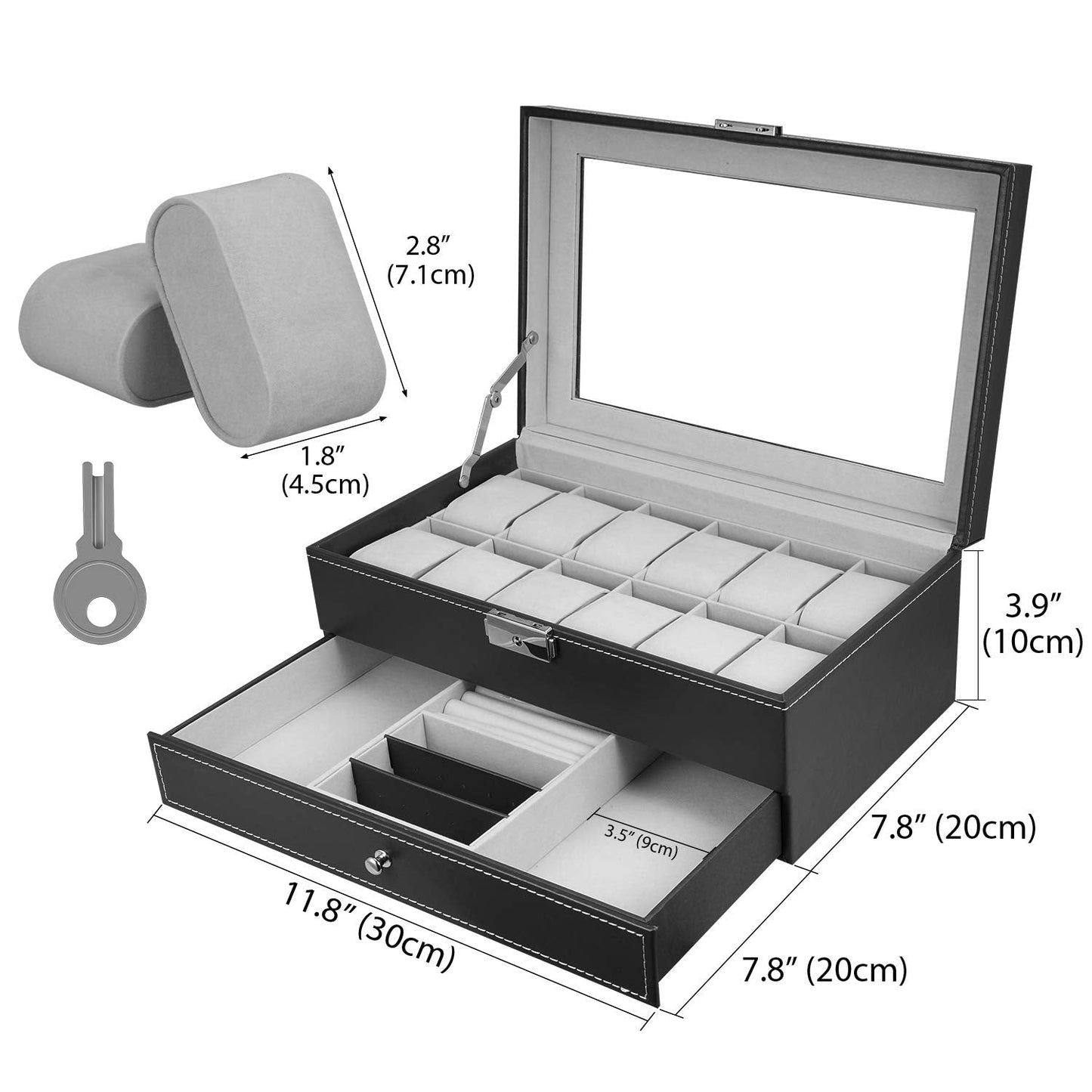 Hossejoy Leather Watch Box 12 Mens Watch Organizer with Jewelry Display Drawer Lockable Watch Case Organizer, Black