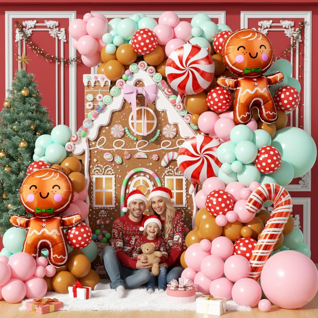 PTGOLUO 160Pcs Christmas Balloon Arch Garland Kit Xmas Pastel Pink Green Brown Latex Balloons Gingerbread Man Candy Cane Foil Balloons Arch Kit for Christmas New Year Party Birthday Party Decorations
