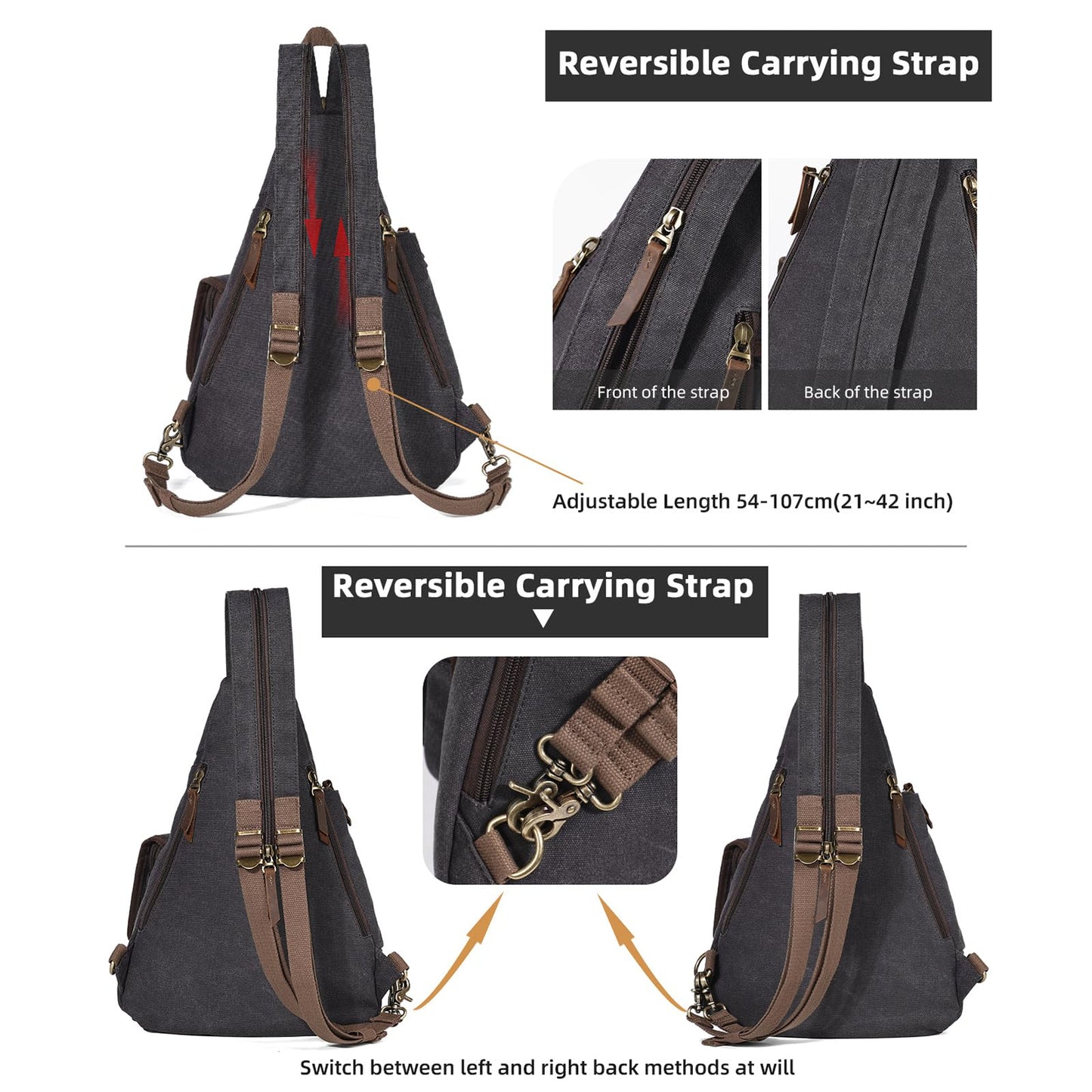 KL928 Canvas Sling Bag - Casual Crossbody Shoulder Daypack Rucksack Backpack for Men Women, Black