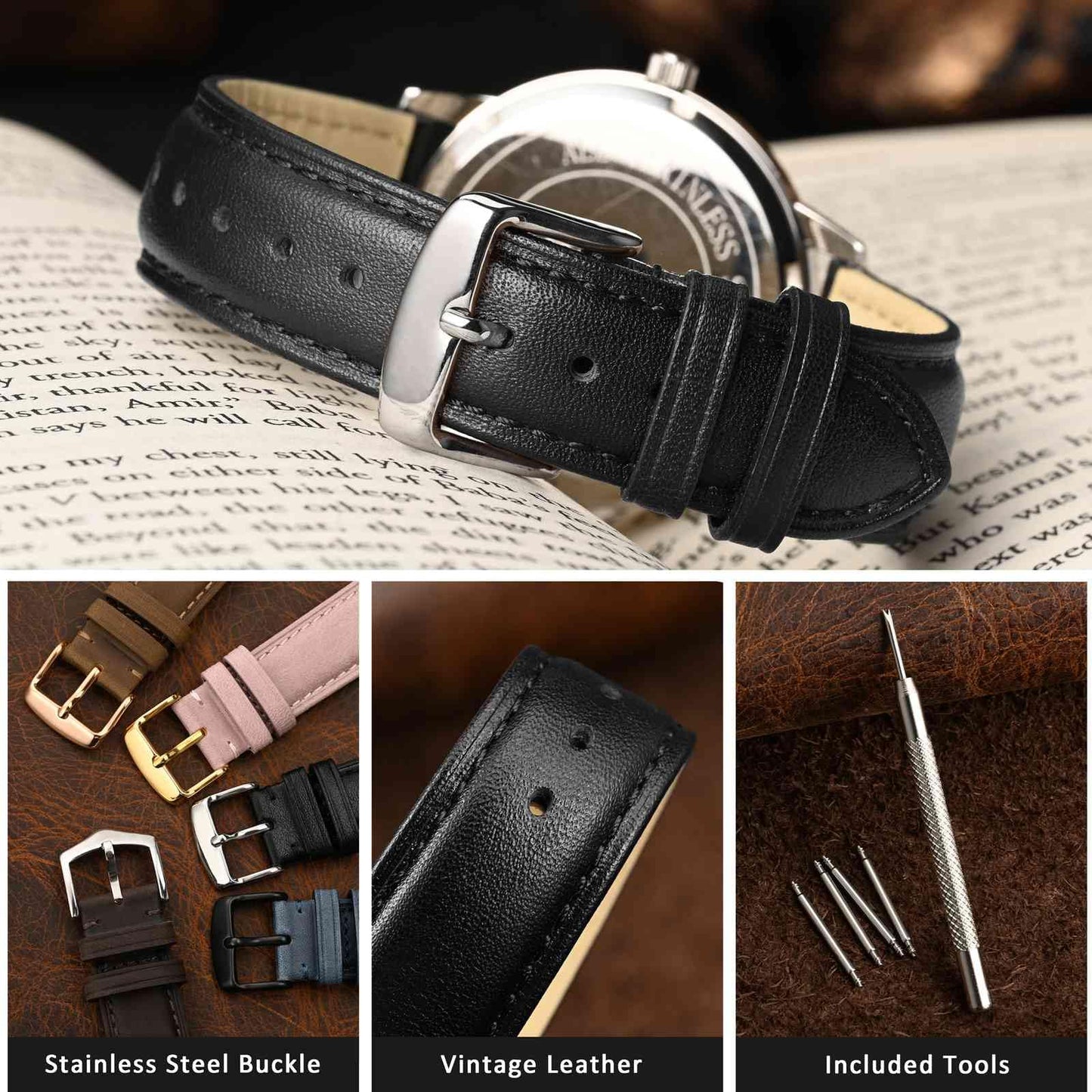 WOCCI 22mm Vintage Leather Watch Band for Men and Women, Silver Buckle (Black)